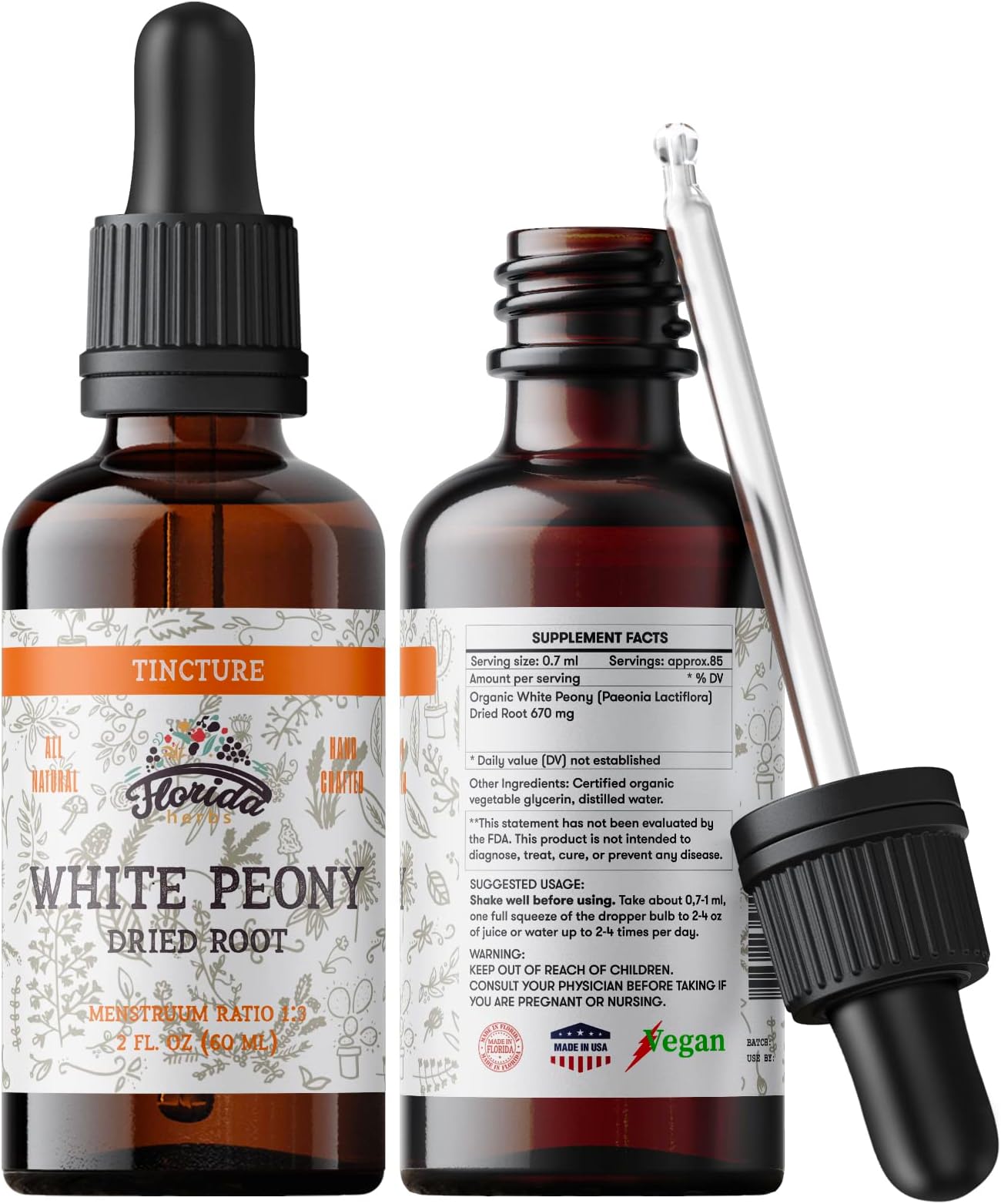 White Peony Tincture, Organic White Peony Extract (Paeonia Lactiflora) Root, Non-GMO in Cold-Pressed Organic Vegetable Glycerin 2 oz, 670 mg