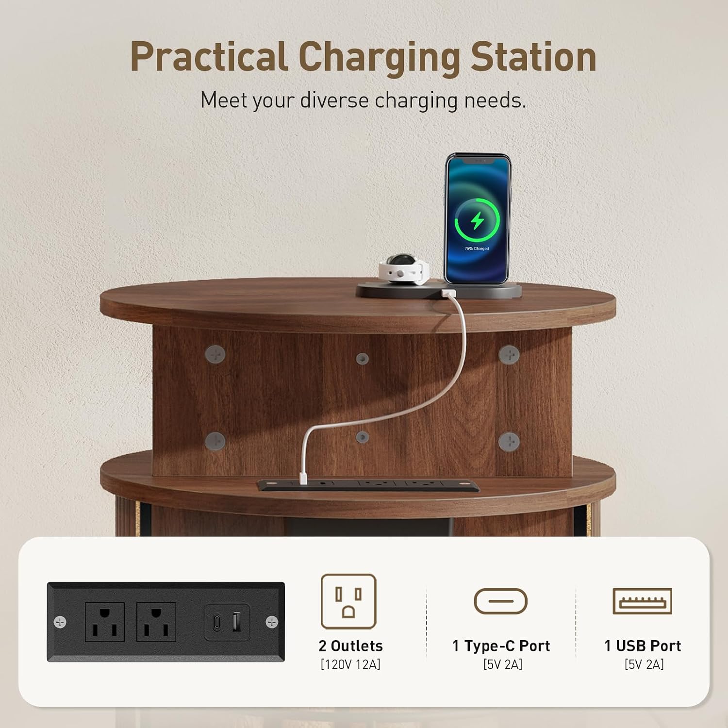 RALGEND Round Fluted End Tables, Round End Table with Charging Station, Fluted Sofa Side Table with Sliding Tambour Door and Storage, Mid-Century Nightstand for Living Room, Bedroom, Walnut