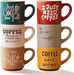 Set de 6 Tazas de Café de Cerámica con Frases Divertidas – Tazas Apilables para Espresso, Café con Leche o Americano – Aptas para Microondas y Lavavajillas – Caja Regalo con 6 x (Lungo / Con Leche)
