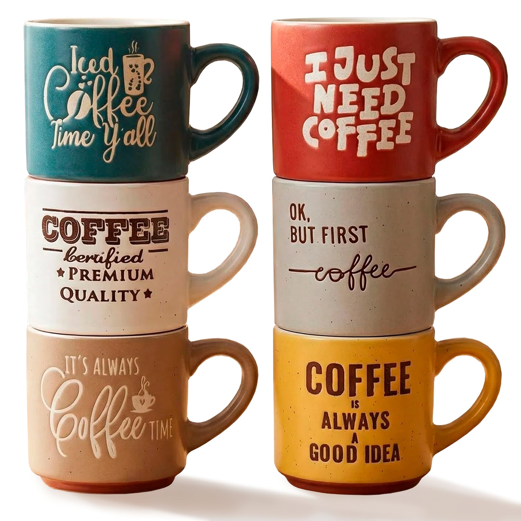 Set de 6 Tazas de Café de Cerámica con Frases Divertidas – Tazas Apilables para Espresso, Café con Leche o Americano – Aptas para Microondas y Lavavajillas – Caja Regalo con 6 x (Lungo / Con Leche) - 1
