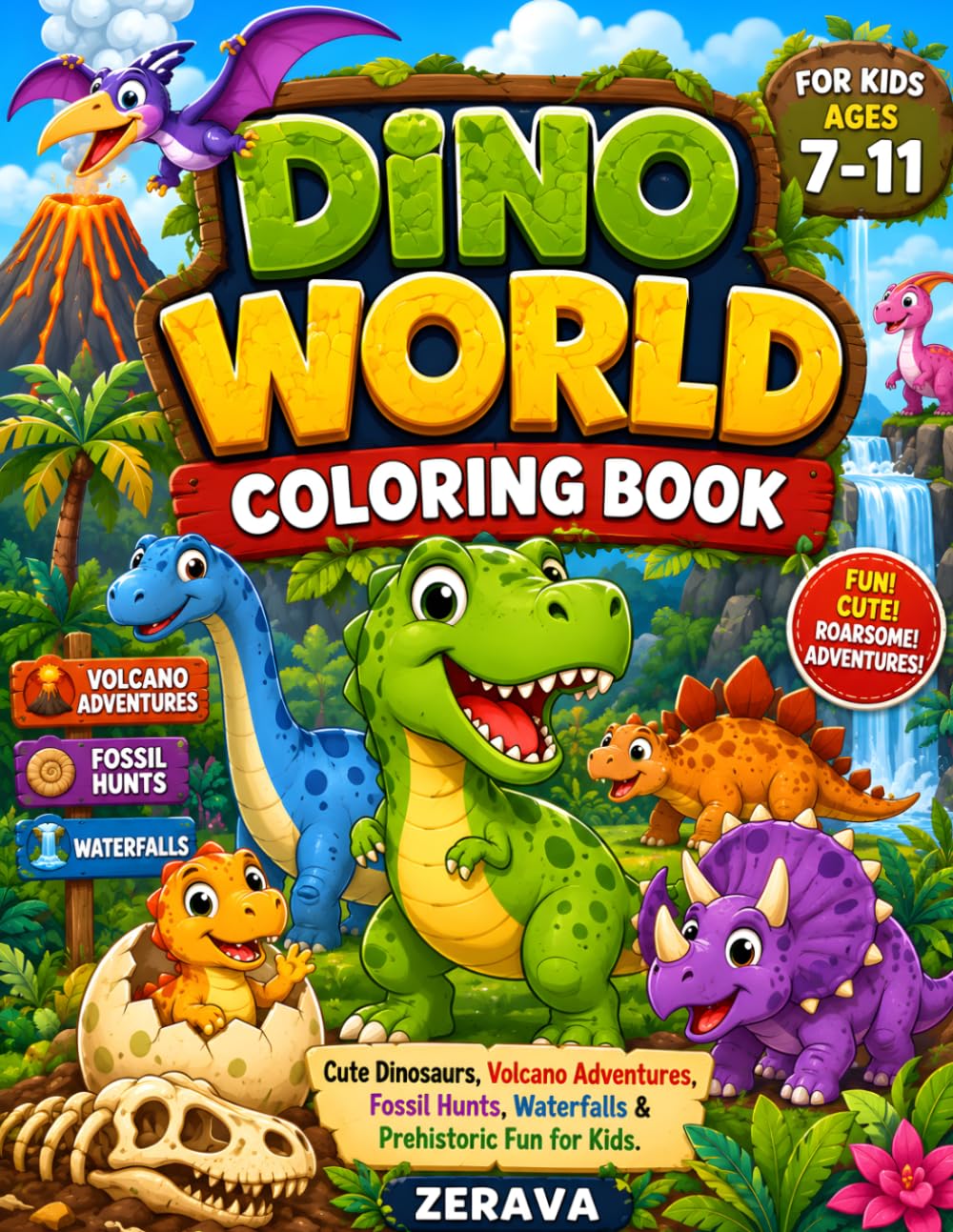 Dino World Coloring Book: Cute Dinosaurs, Volcano Adventures, Fossil Hunts, Waterfalls & Prehistoric Fun for Kids