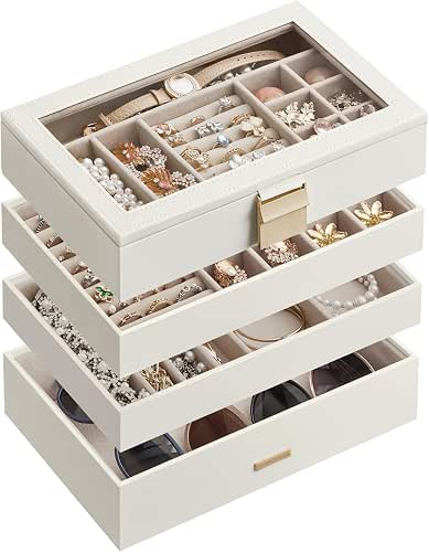 SONGMICS Stackable Jewelry Trays, 4-Tier Jewelry Box, with Glass Lid