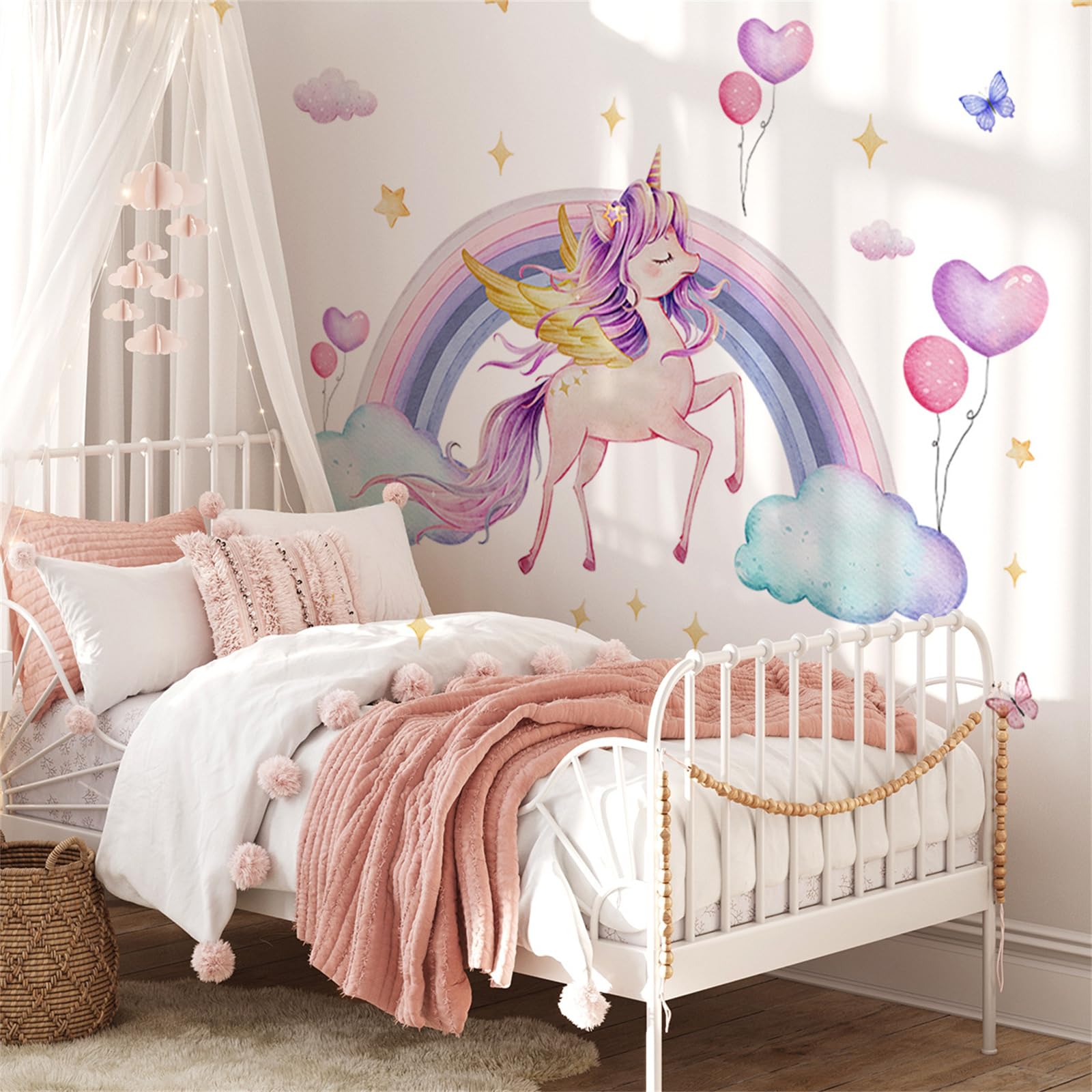 Unicorn Wall Stickers for Girls Bedroom, Peel and Stick Rainbow Unicorn Wall Decals with Hearts & Stars