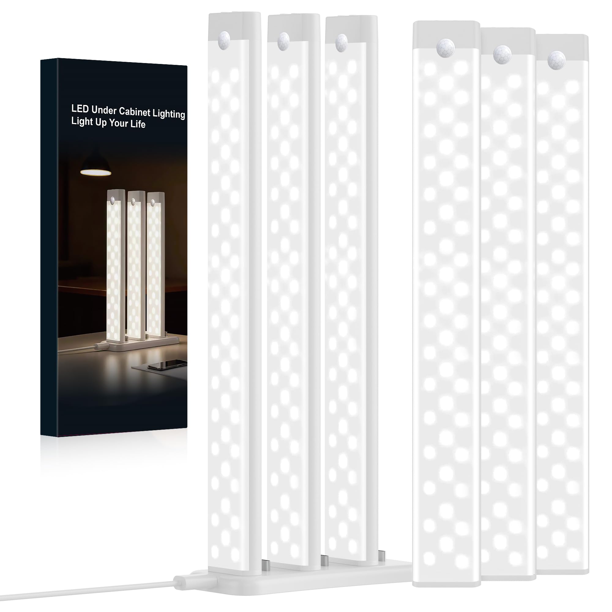 Unterschrankbeleuchtung, 30,5 cm, mit 2 Ladestationen, wiederaufladbares Licht mit Bewegungssensor, 3 Farben, dimmbares LED-USB-Unterbaulicht, 12 Stück