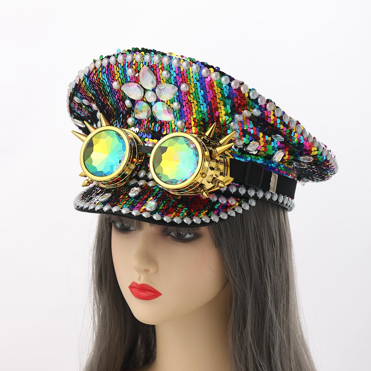 COSDREAMER Sombrero de lentejuelas para mujer, sombreros militares, con gafas
