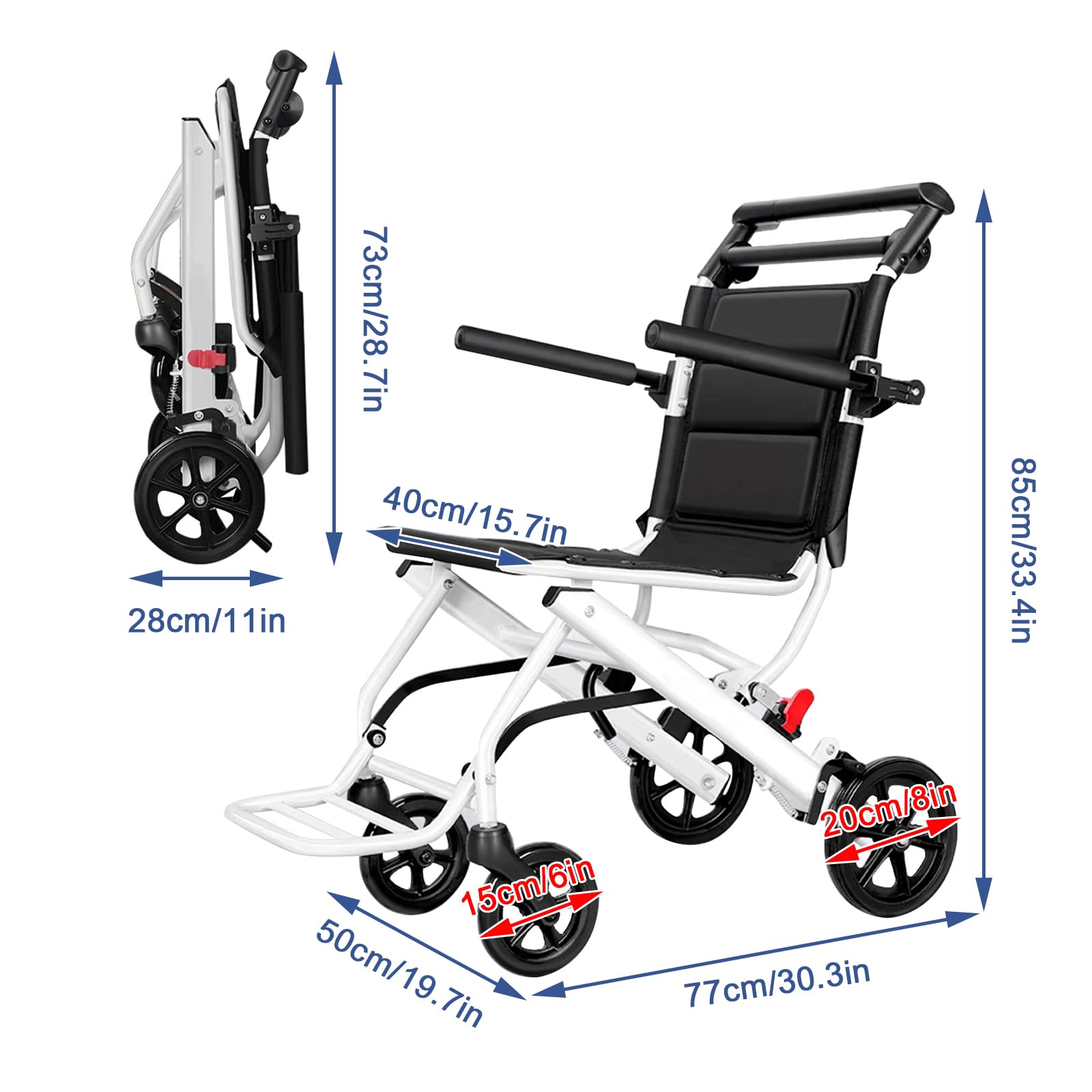 Silla de ruedas plegable de traslado,Silla de ruedas de aluminio para viajes, Silla de ruedas de tránsito,Sillas de Ruedas Adulto para Exterior,Ligera, Cinturón seguridad(Rear wheel 20cm/8in)
