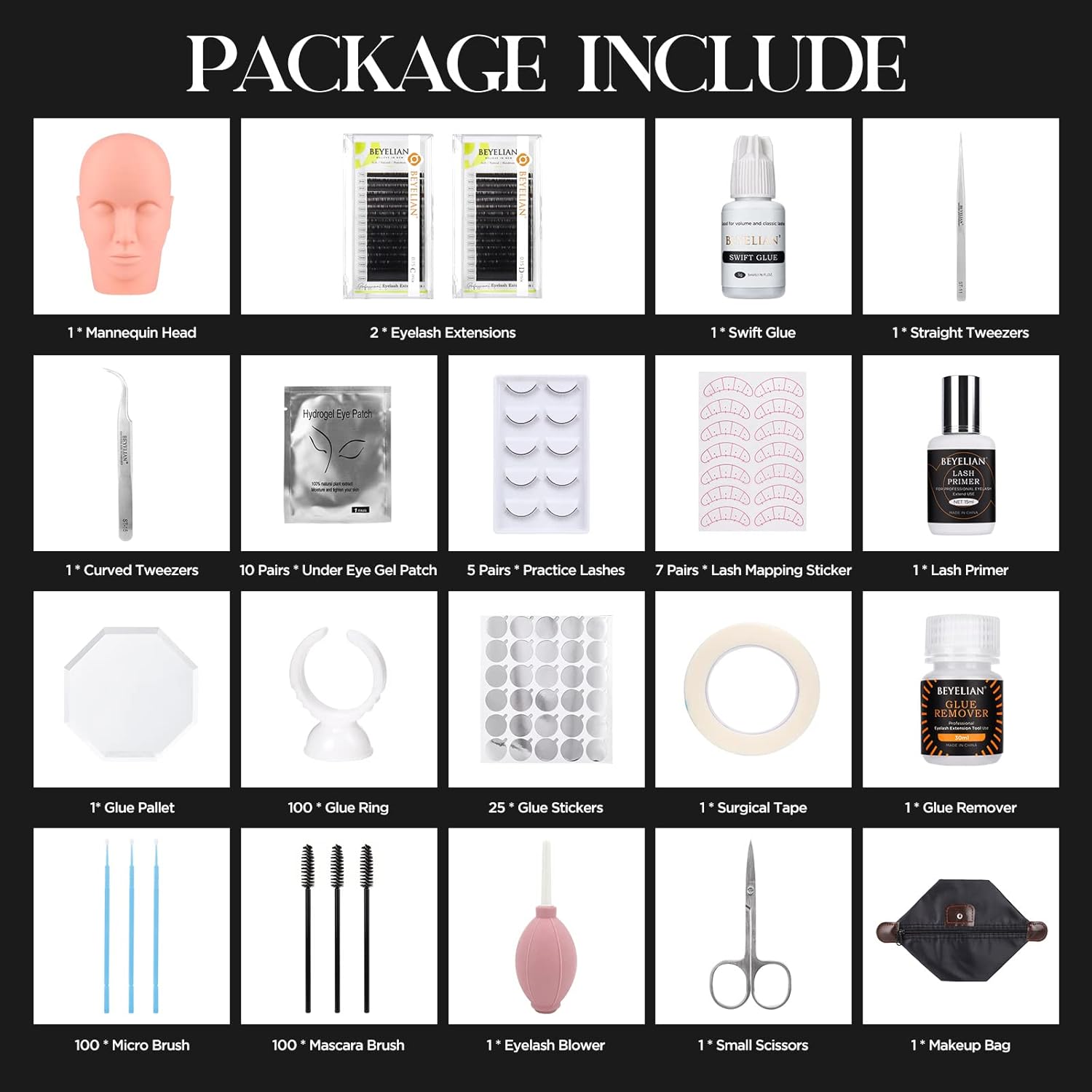 Eyelash Extension Kit,with lash Mannequin Head Lash Practice training kit Professional lash extension supplies Tool for Lash Training by BEYELIAN