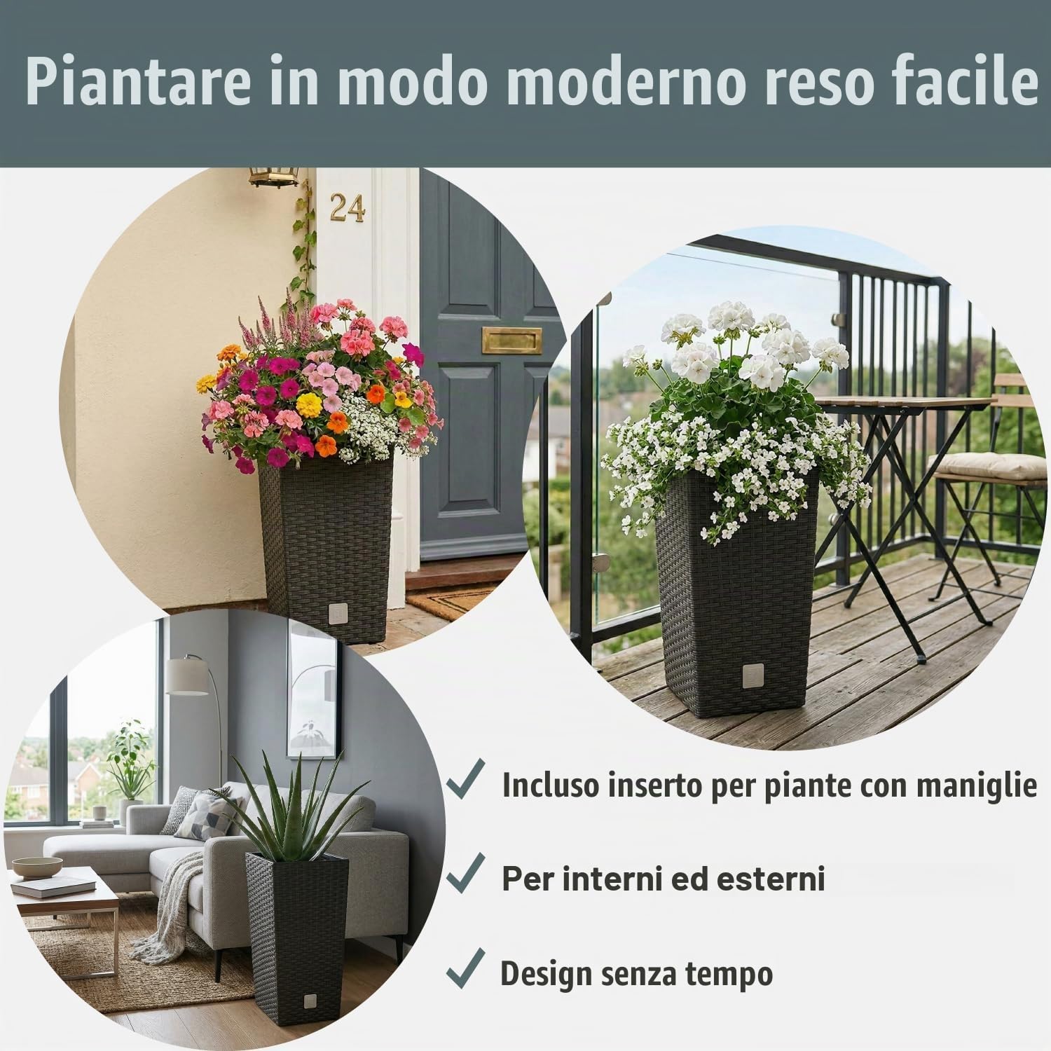 Vaso di fiori Rato 49 litri con inserto 32,5 x 32,5 x 61 cm in colore antracite.