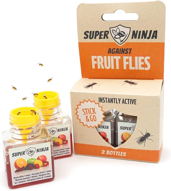 Super Ninja Fruit Fly Trap - 2 Pack - Highly Effective Ecological Fruit Fly Traps Indoor - Environmentally Responsible Fruit Fly Killer - User Friendly - Up to 3 Weeks per Bottle
