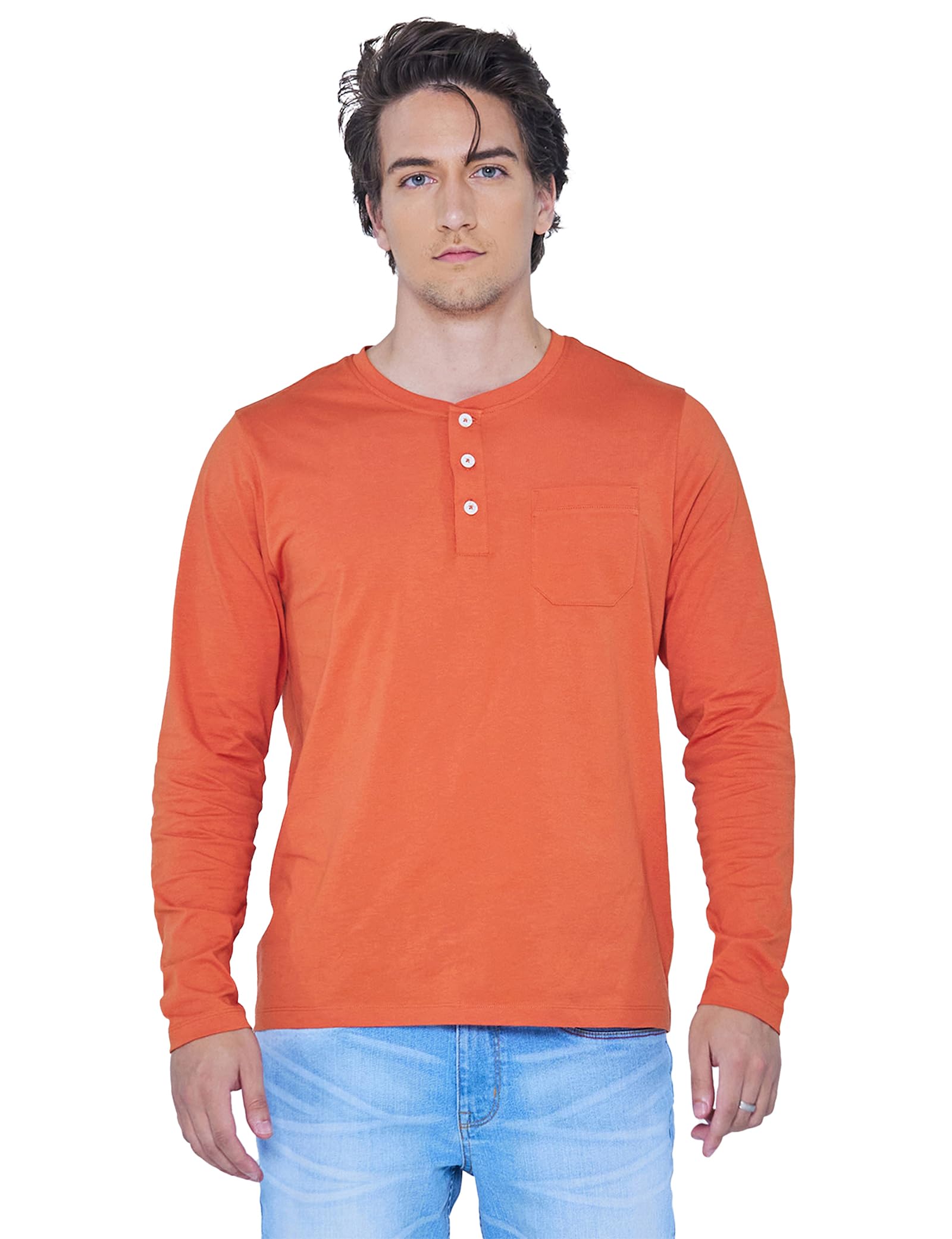 Enorsia Men's Henley T-Shirt - Crew Neck - Long Sleeve - Orange - L