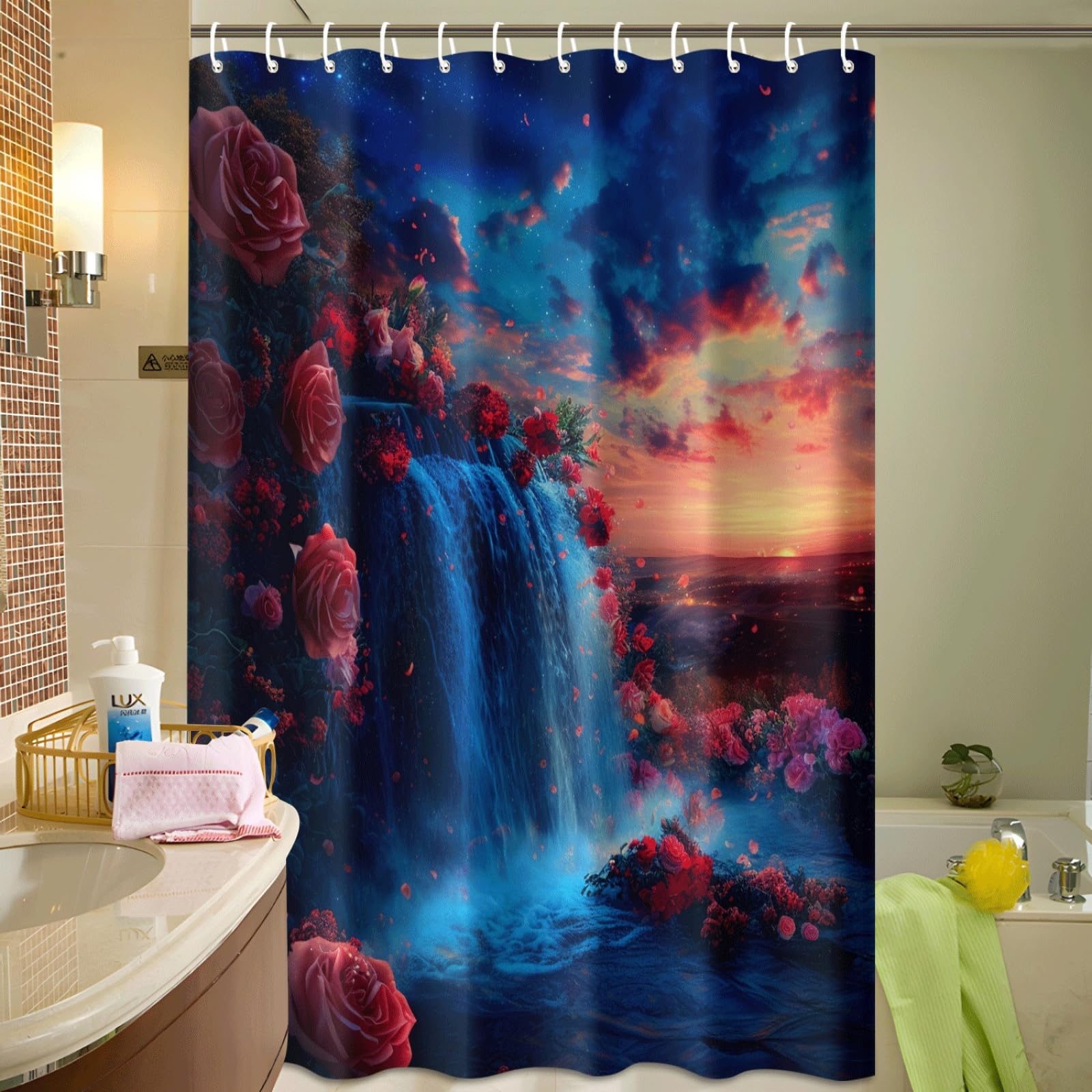 Tenda Doccia Cascata Blu Scuro Tenda Doccia Antimuffa Impermeabile Poliestere Lavabile con 12 Ganci Facile da Installare Tende Finestra Bagno per Dormitorio Hotel(180x220cm)