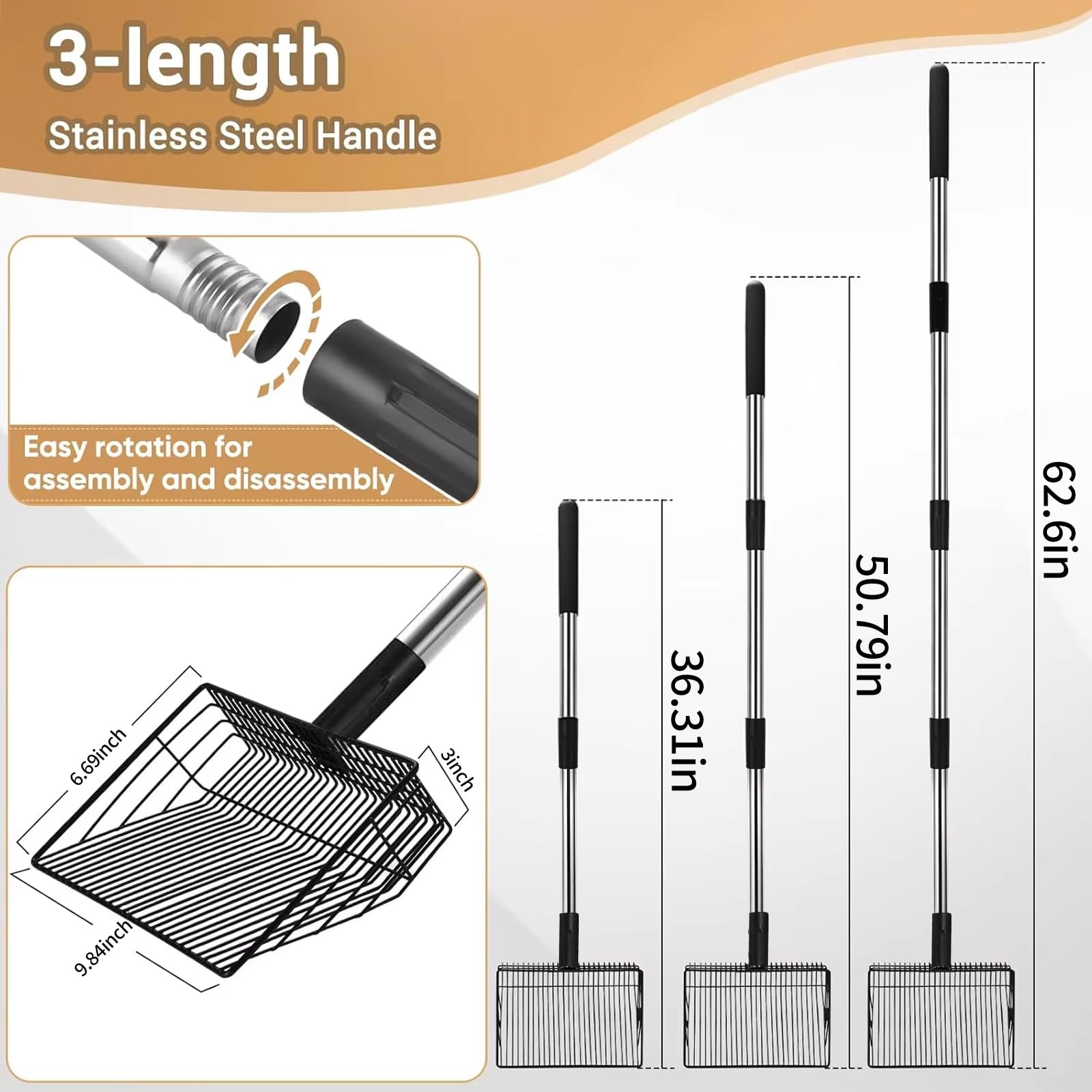 Pala para excrementos de gallinero para gallinero, resistente, mango telescópico, 57 – 106 cm, colador de metal duradero para la cría de aves, eliminación eficiente de excrementos de pollo y basura