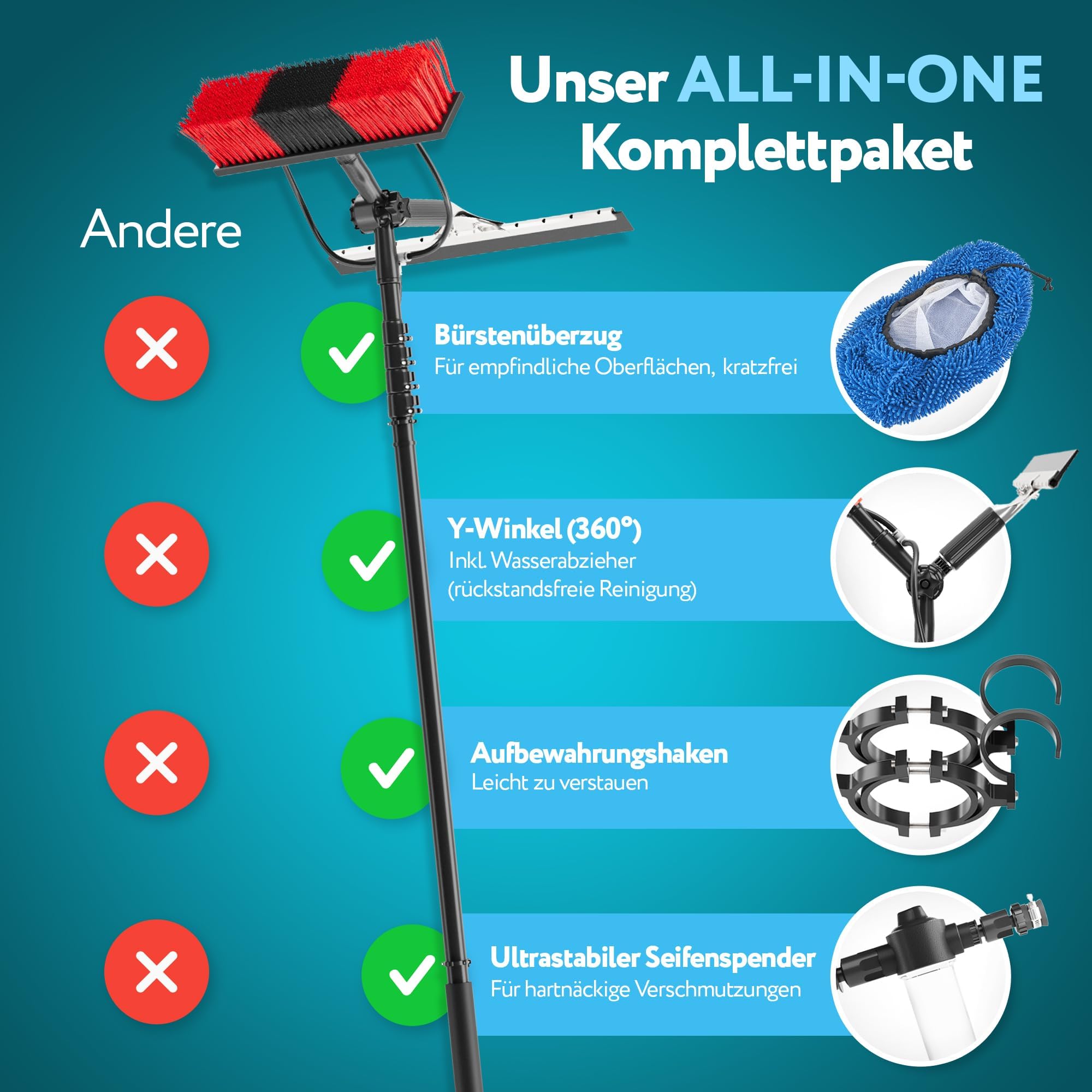 Teleskop Waschbürste 4,6 m Set mit Wasseranschluss & Abzieher | Verstärkter Aluminium-Teleskopstiel, Aufbewahrungshaken, Wasseranschluss & Seifenspender, Mikrofaserbezug & Abzieher