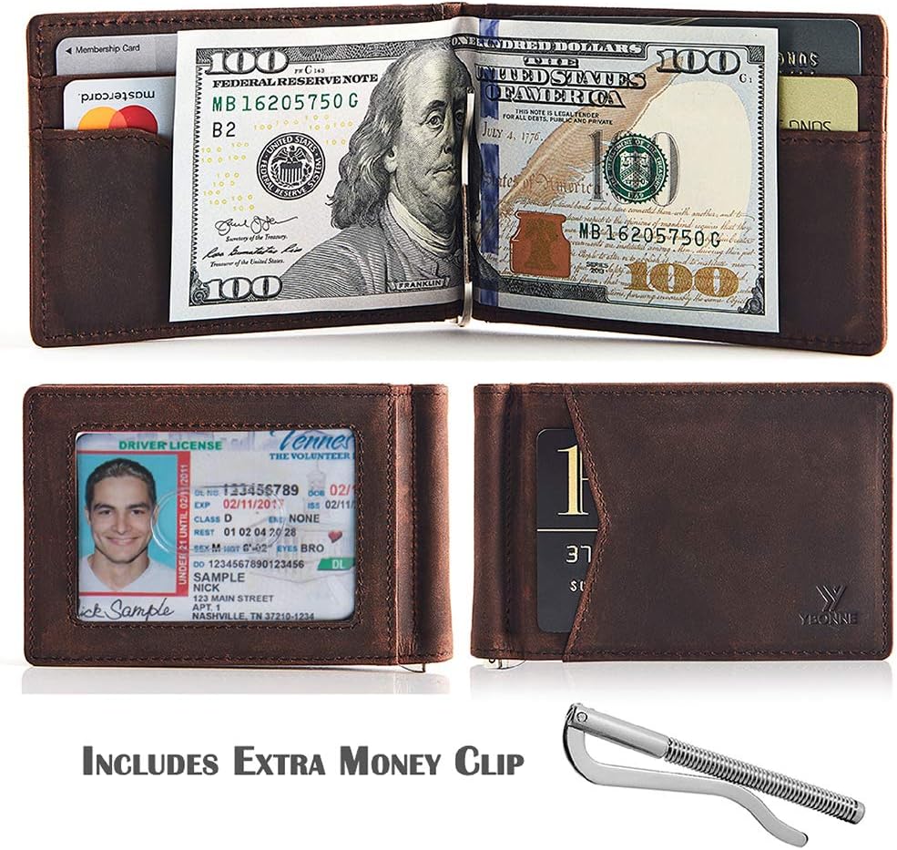 YBONNE Mens Slim Wallet with Money Clip Front Pocket RFID Blocking Thin Bifold Leather Card Holder Minimalist Mini Billfold