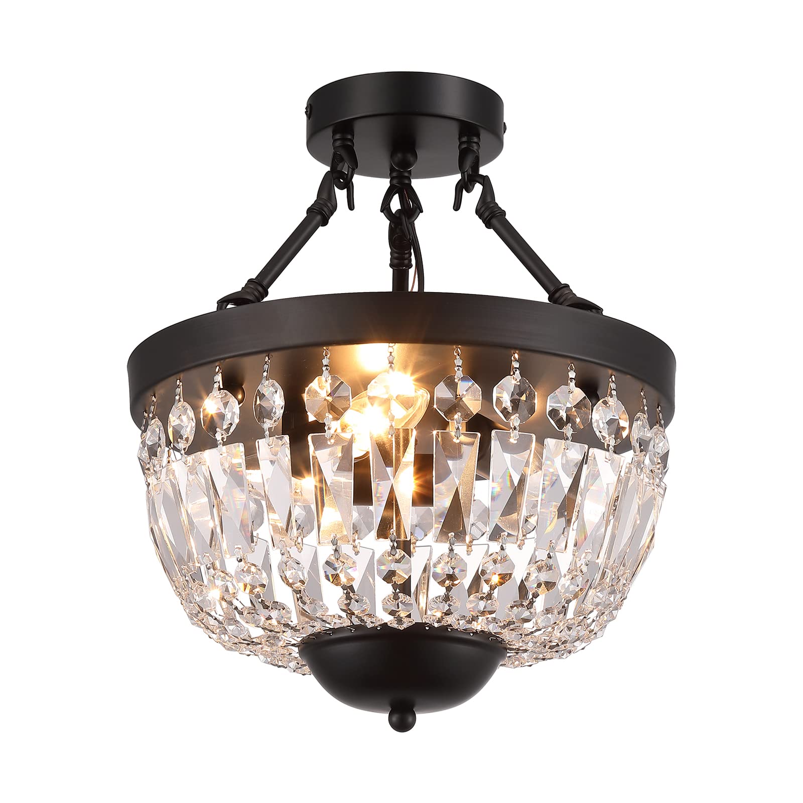 SOTTAE Round Black Crystal Ceiling Light Fixture,Modern Semi Flush Mount Chandelier Ceiling Lamp for Living Room Dining Room Entryway Hallway Foyer Bedroom Laundry Bathroom