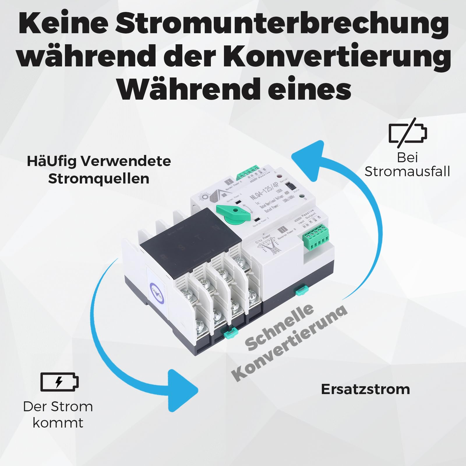 Notstrom Umschalter, 4P Automatischer Umschalter Notstrom Hutschiene, Dual Power Automatischer Transferschalter, 2 Wege übertragung, Für Kommunaler Strom, USV, Solar (NLQ4-125/4P 100A 220V) (Weiß)