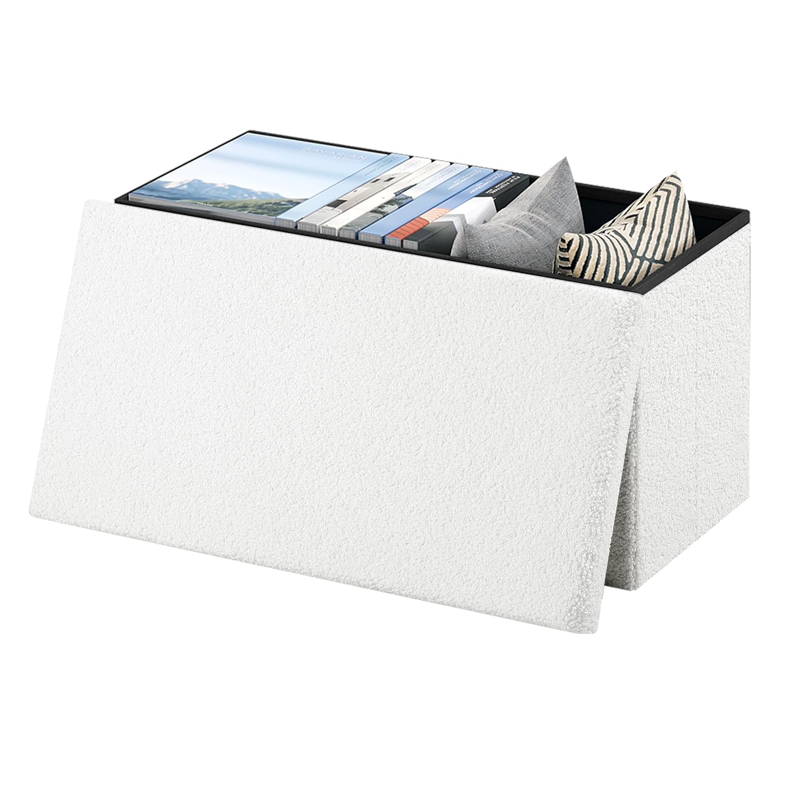 eSituro Banco Almacenaje Rectangular 80 L, Taburete de Almacenje Plegable, Baul Puff con Tapa Asiento Extraible, Banco Pie de Cama, Taburete Otomono Largo para Salón y Dormitorio, Blanco, 76x38x37 cm