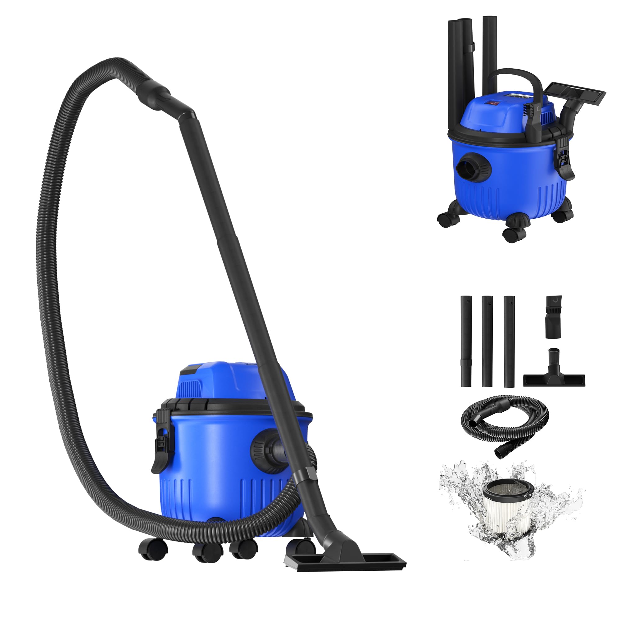 3 in 1 Aspirador en seco y Húmedo, Potencia 1500 W, Función de Soplad, Depósito: 15L, Manguera aspiración 1.5m para Hogar Patio Garaje Taller