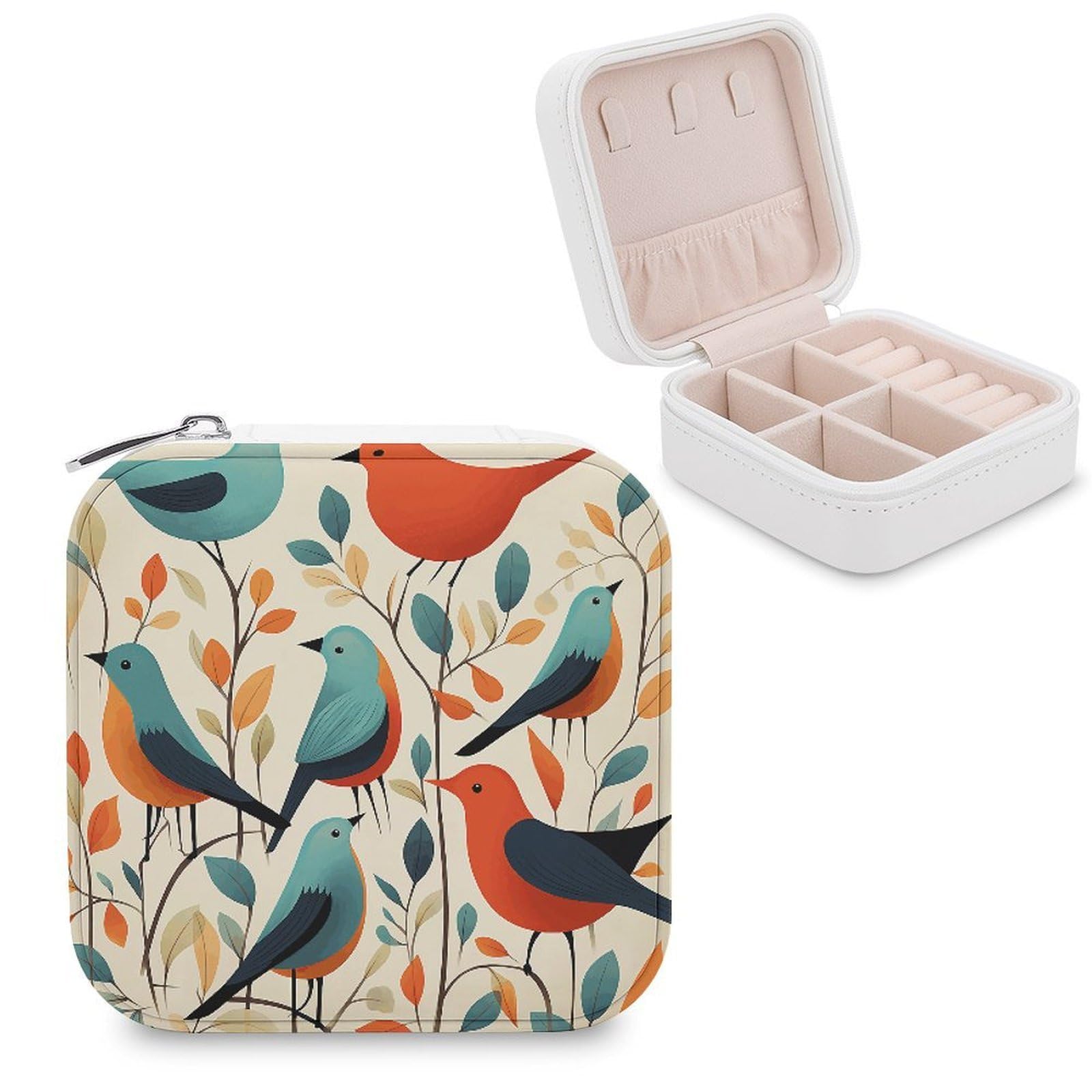 VstaDank Flock of Birds Travel Jewelry Case Zipper Portable Small Jewelry Box Custom Pu Leather Mini Traveling Jewelry Organizer for Rings Earrings Necklace Bracelet Girls Women