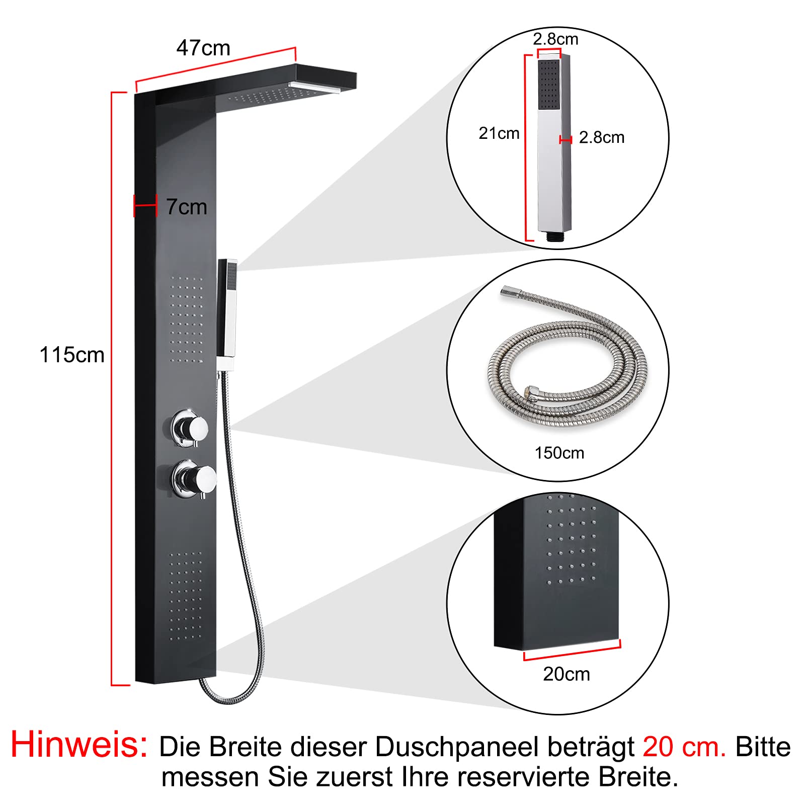 HENGMEI Panel prysznicowy system prysznicowy ze stali nierdzewnej szczotkowanej armatura prysznicowa zestaw prysznicowy z deszczownicą, prysznic z masażem, prysznic z wodospadem, słuchawka prysznicowa