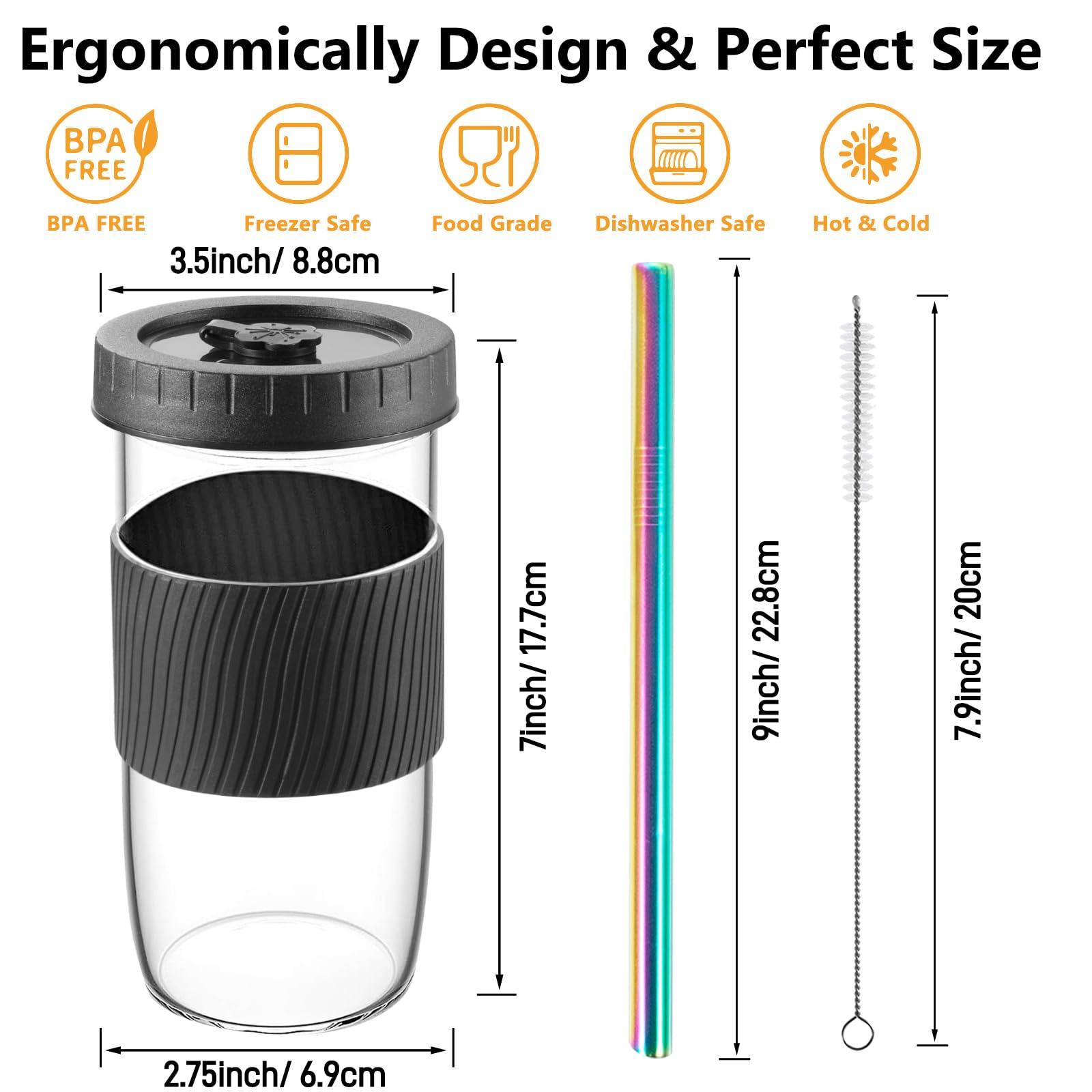 Bubble Tea Cup, Confezione da 2 tazze per frullati, tazza da caffè freddo da 730 ml, tazze in vetro con coperchi e cannucce, bicchiere in vetro riutilizzabile con custodia in silicone