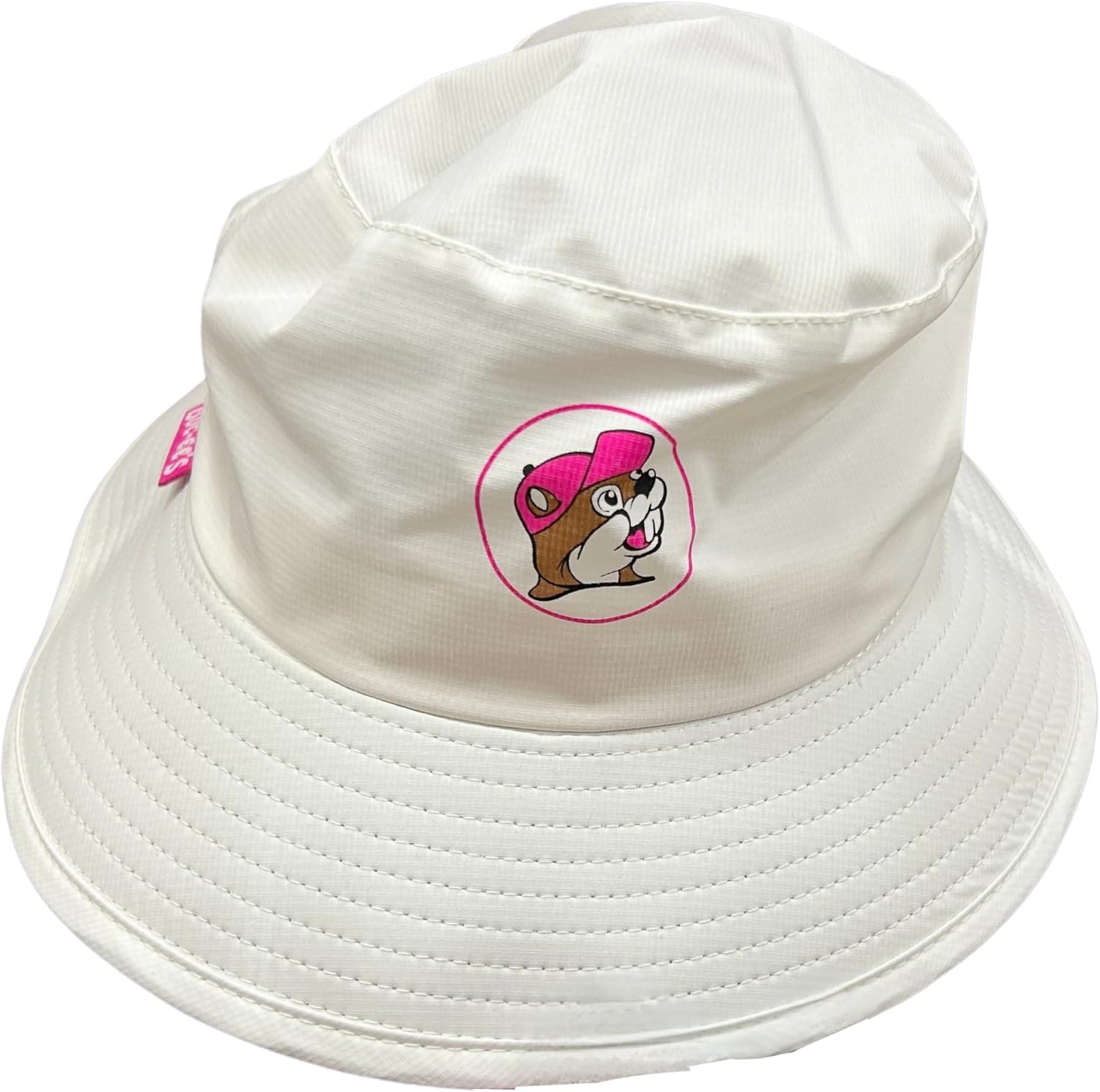 Buc-ee's Bucket Hat, Adult White with Pink Trim, Mesh Ventilation, Adjustable Chin Strap, Character Logo