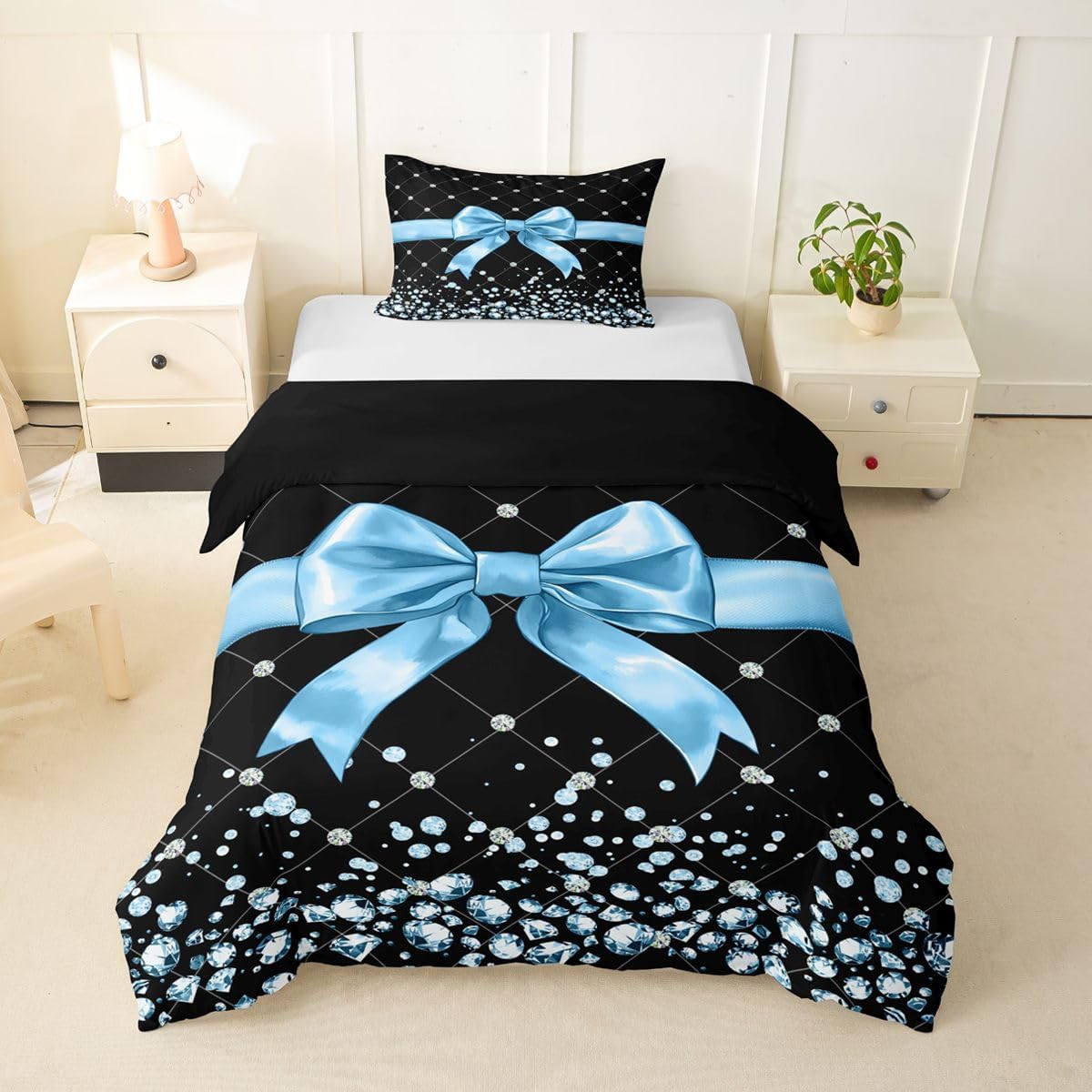 Erosebridal Blue Bowknot Duvet Cover Toddler Size Cute Ribbon Bow Bedding Set for Kids Boys Girls Glitter Diamond Sparkling Comforter Cover Dreamy Princess Tie Bedclothes Room Decor