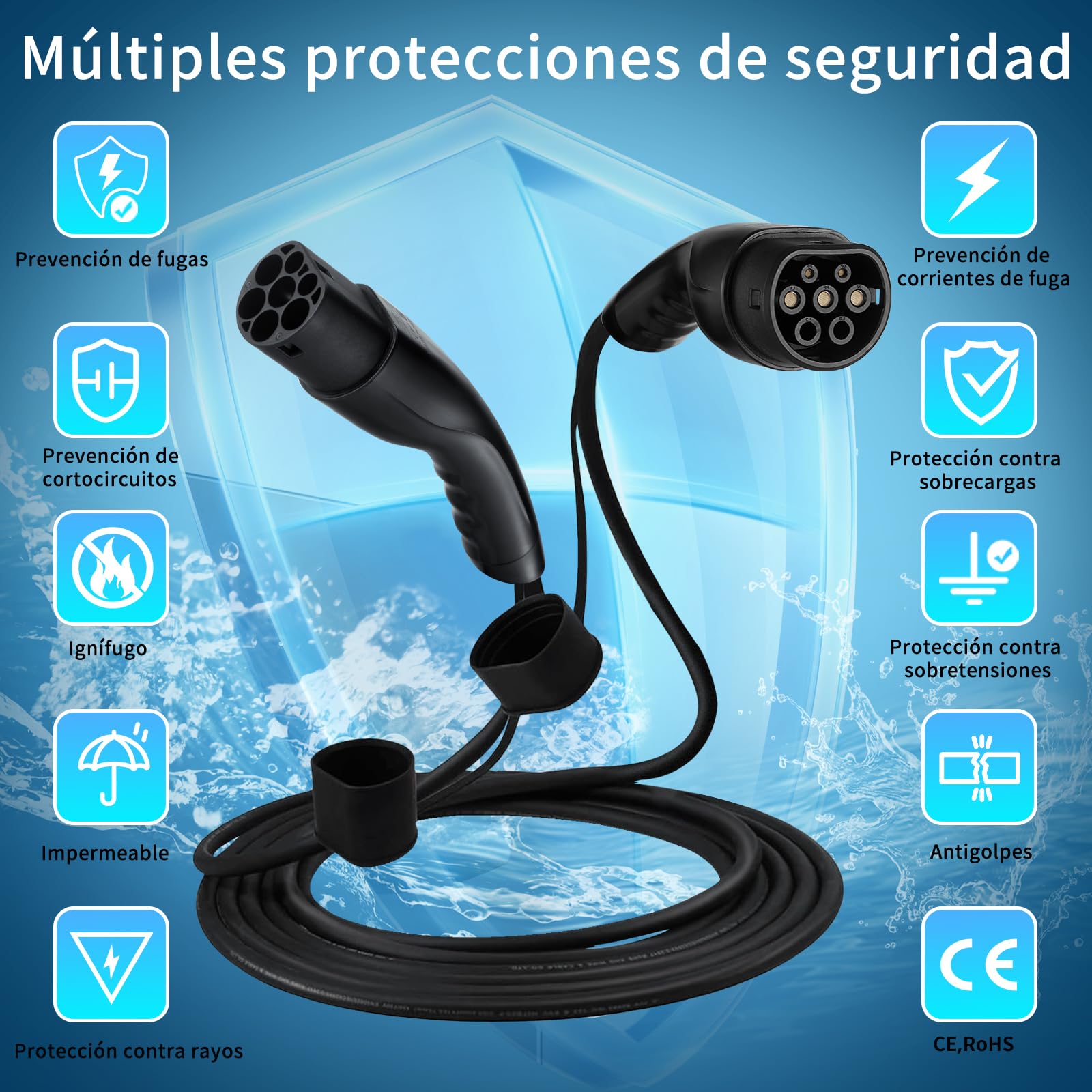 Cable de carga para coche eléctrico tipo 2: cable de carga para vehículos eléctricos 7 kW 32 A monofásico, compatible con todos los modelos Tipo 2/CCS2, EV/PHEV, IEC 62196-2, 5 m, bolsa