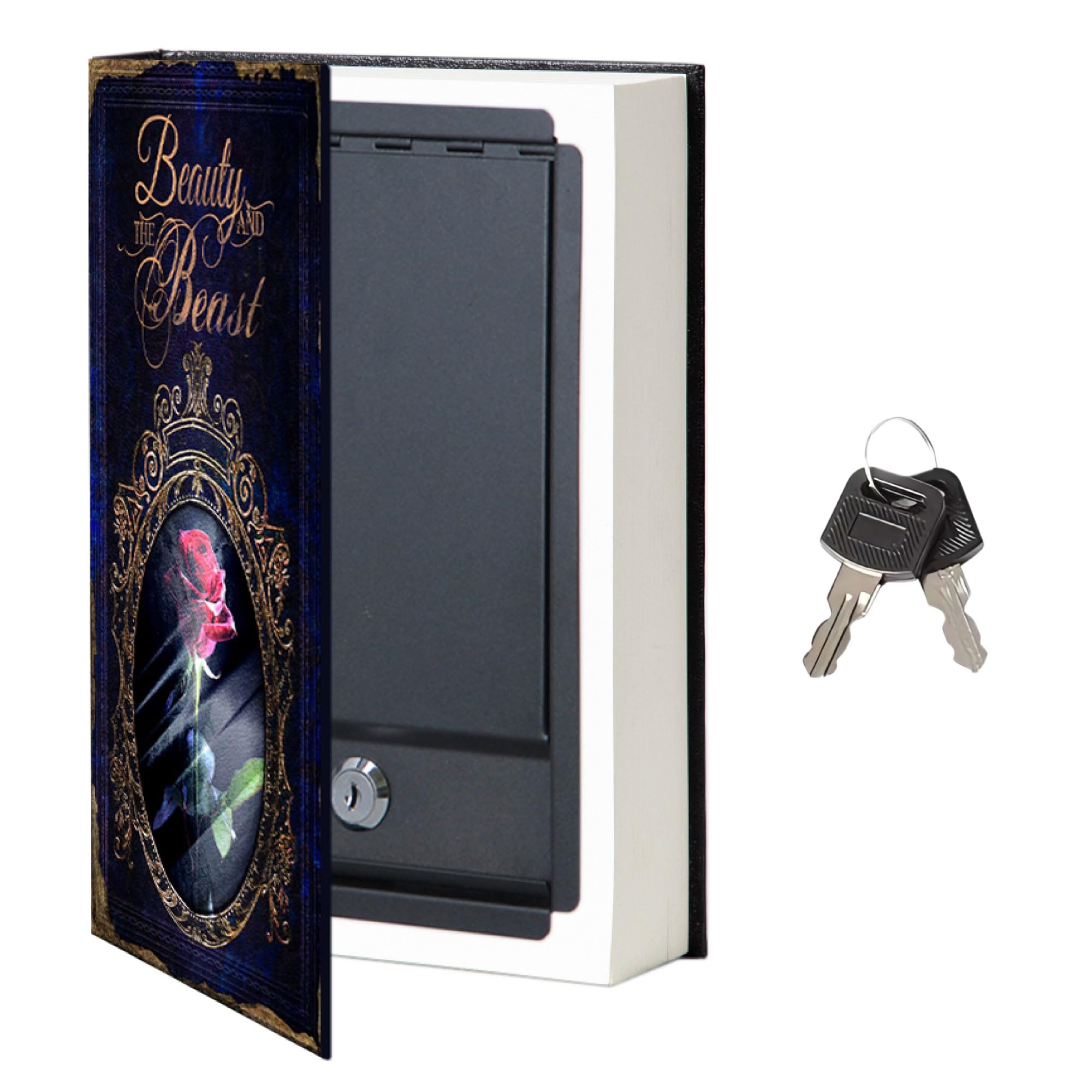 Real Pages Portable Diversion Book Safe – Libro scavato con scomparto segreto nascosto per gioielli, soldi e contanti (La bella e la bestia) (XL, serratura a chiave)