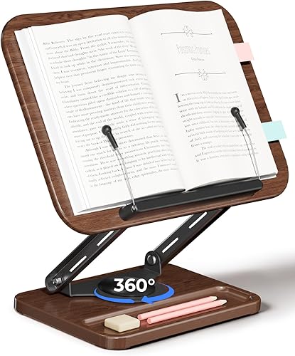 Viozon Soporte para libros para lectura, soporte para libros con base giratoria de 360 con ranura para bolígrafo, soporte de exhibición de lectura