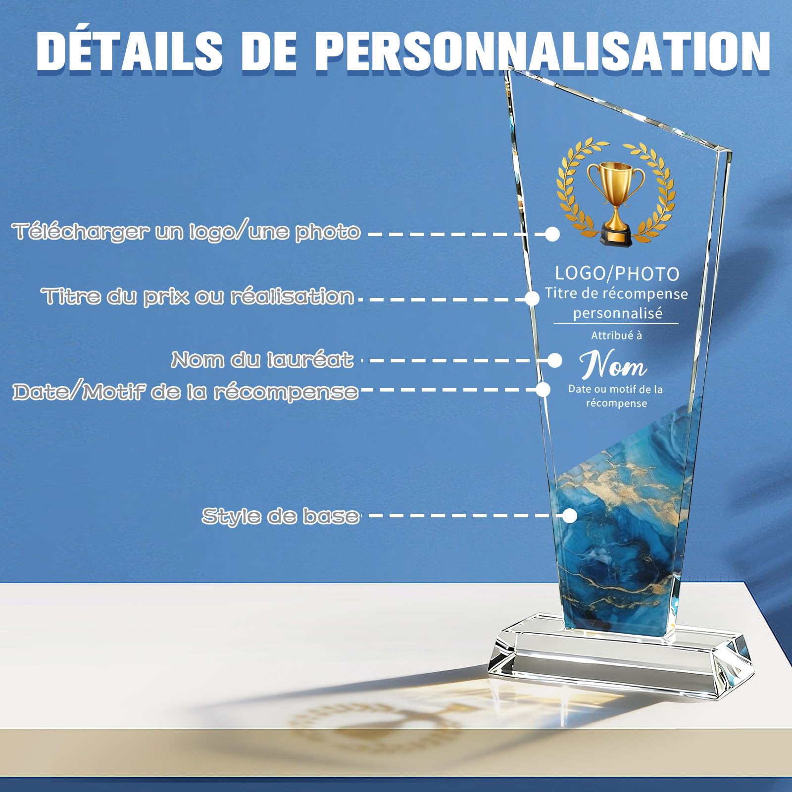 WBW Trophée Personnalisé en Cristal K9 avec Logo Photo et Texte Plaque Gravée Personnalisée 10–20 cm, Récompense en Cristal pour Employé du Mois Anniversaire Retraite Football