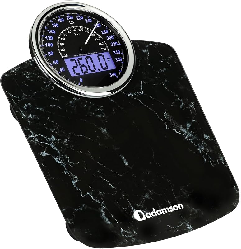 Hybrid Bathroom Scale for Body Weight - Analog & Digital Display, 400 lbs | See your body weight on an analog dial and digital LCD at once. Wide glass platform, accurate to 0.2 lbs, batteries included.