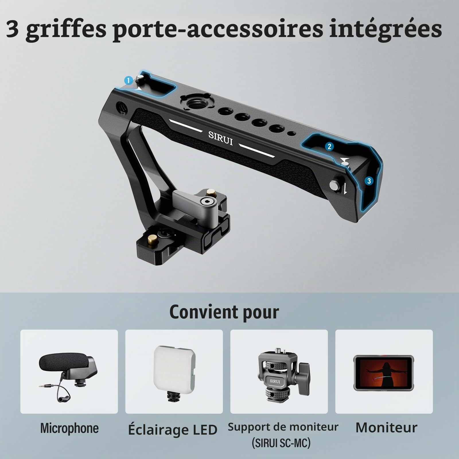 SIRUI Poignée Supérieure avec Rail OTAN - Poignée Légère en Silicone pour Cage d'Appareil Photo - Poignée Supérieure Universelle avec Chaussures Froides - Filetage 1/4" et Filetage Arri 3/8" - SC-TH