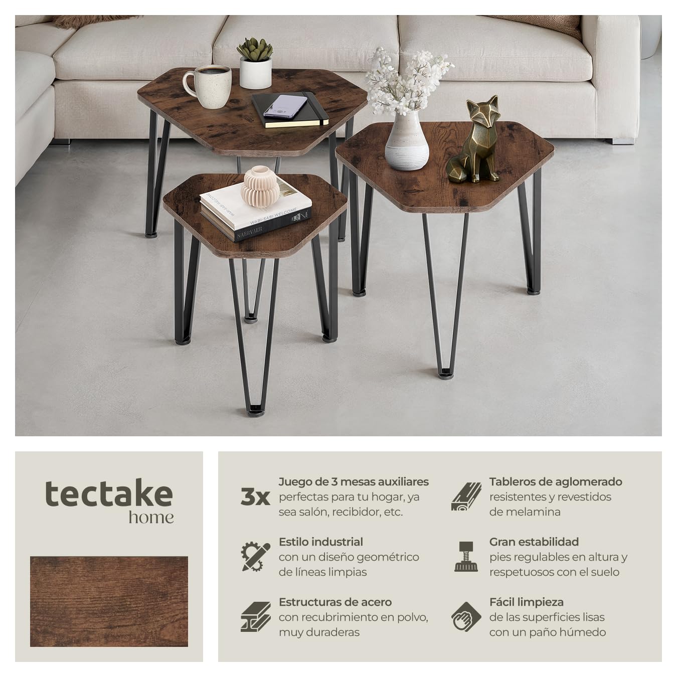 tectake® Juego de 3 Mesas Auxiliares, Ideales como Muebles, Mesa de Centro o Mesa Auxiliar Salon, Mesitas de Noche, Decoracion Hogar - 58,7 x 52 x 45,5 cm Madera Industrial Oscura, Rústica
