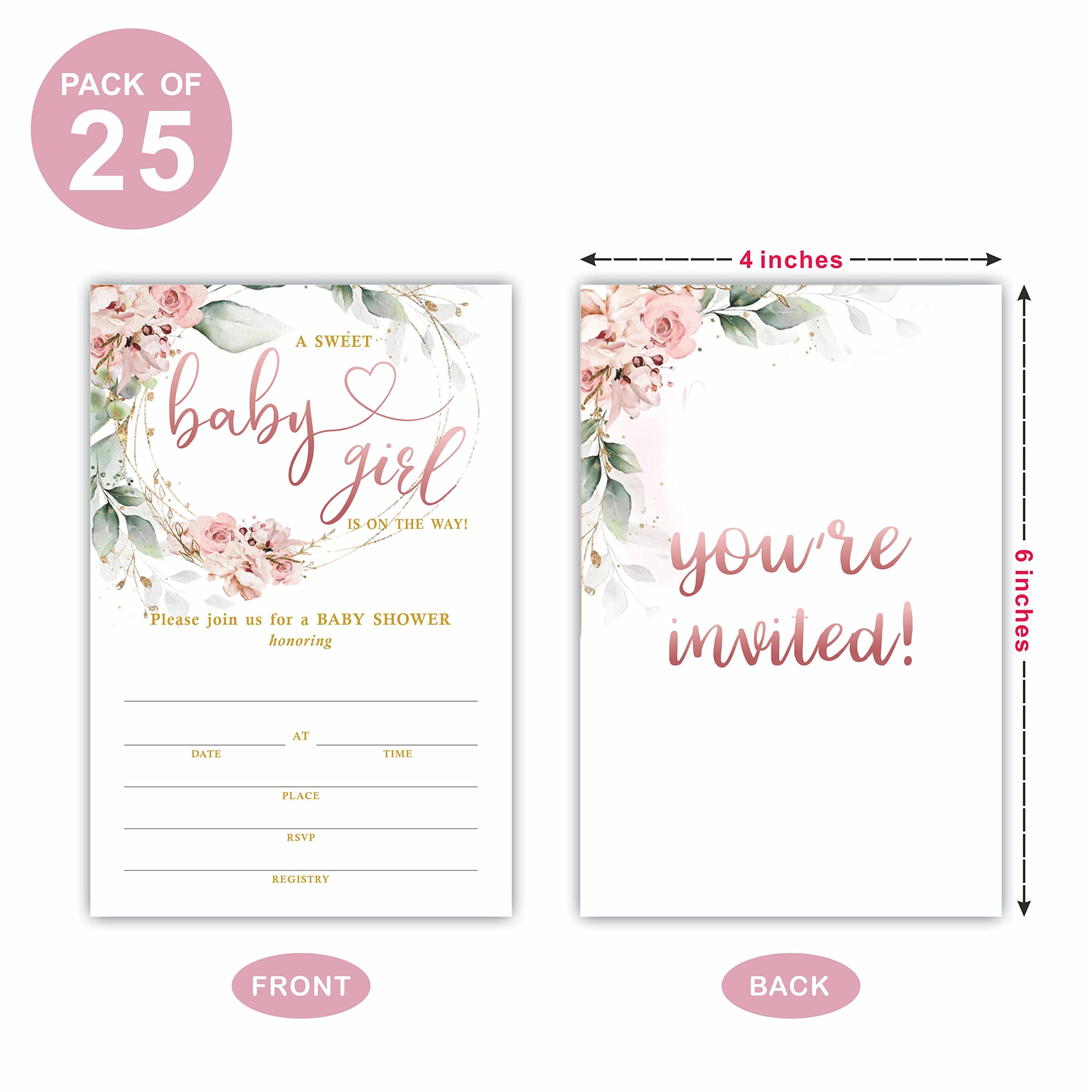 Watercolor Floral Baby Shower Invitations, Sweet Girl is On The Way Baby Shower Fill-In Invitation Cards With Envelopes - Gender Reveal Party Decorations & Supplies-B03