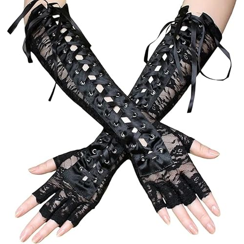 Women Sexy Lace Long Gloves, Black Elbow Half-finger Gloves Steampunk Glove Ribbon Fishnet Mesh Lolita Gloves for Halloween Wedding Bridal Dance Prom Cosplay Party Costume Party