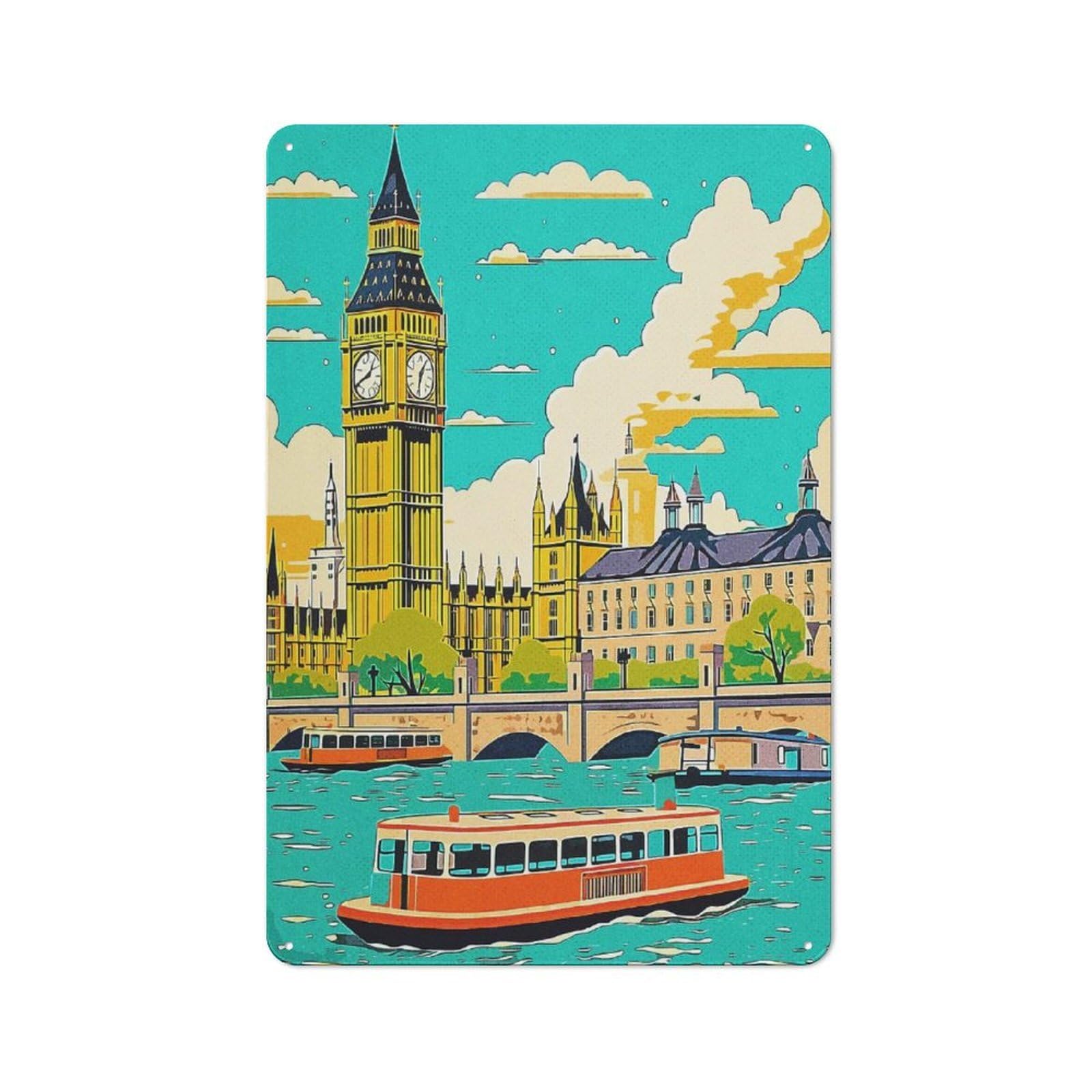 Junmoney London Vintage Travel Vintage Tin Sign 30X20cm With For Living Room Or Hallway, Gift Idea At Christmas For Home Wall Decor Collectors