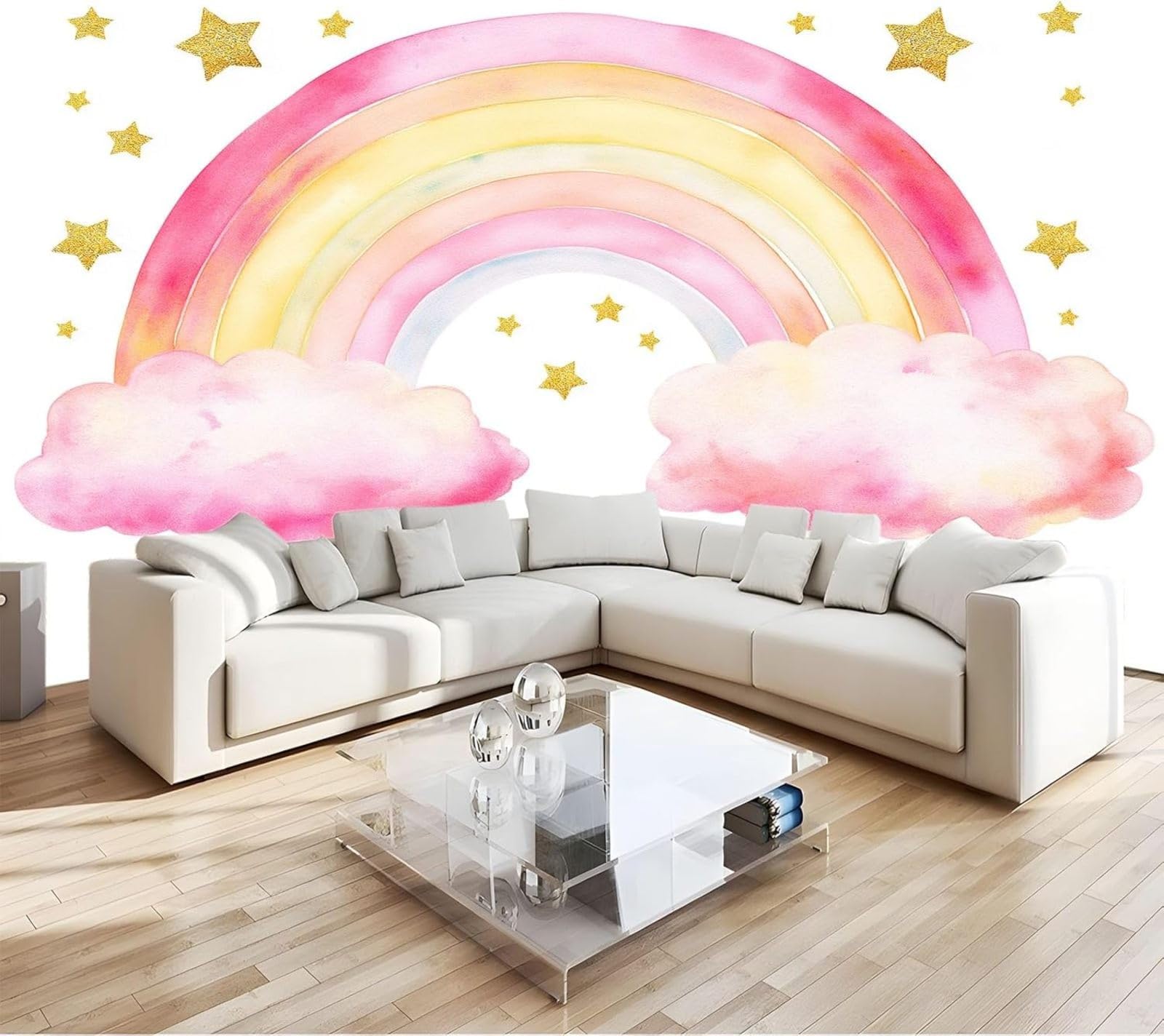 3D Effect Photo Wallpaper Watercolor Rainbow Clouds Stars White Non-woven Wall Mural for Living Room Bedroom Children's Room TV Background Modern Wall Decoration, 350cm x 256cm Stickers - Frameless Pa
