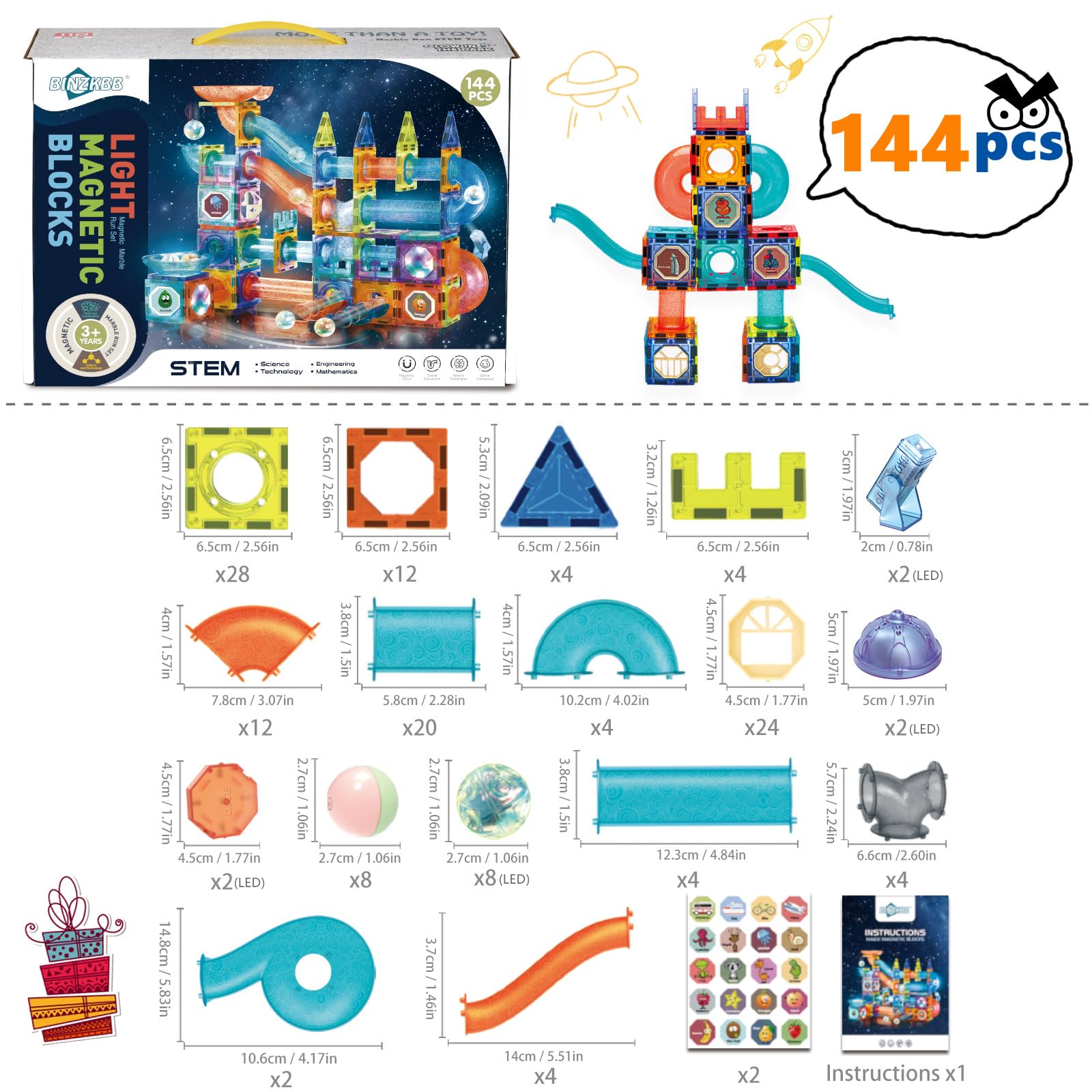 Bloques de Construcción Magnético 144 Piezas con Luz LED & Pista de Canicas - Juguete Educativo Stem para Niños 5-12 Años, Regalo Creativo Montessori