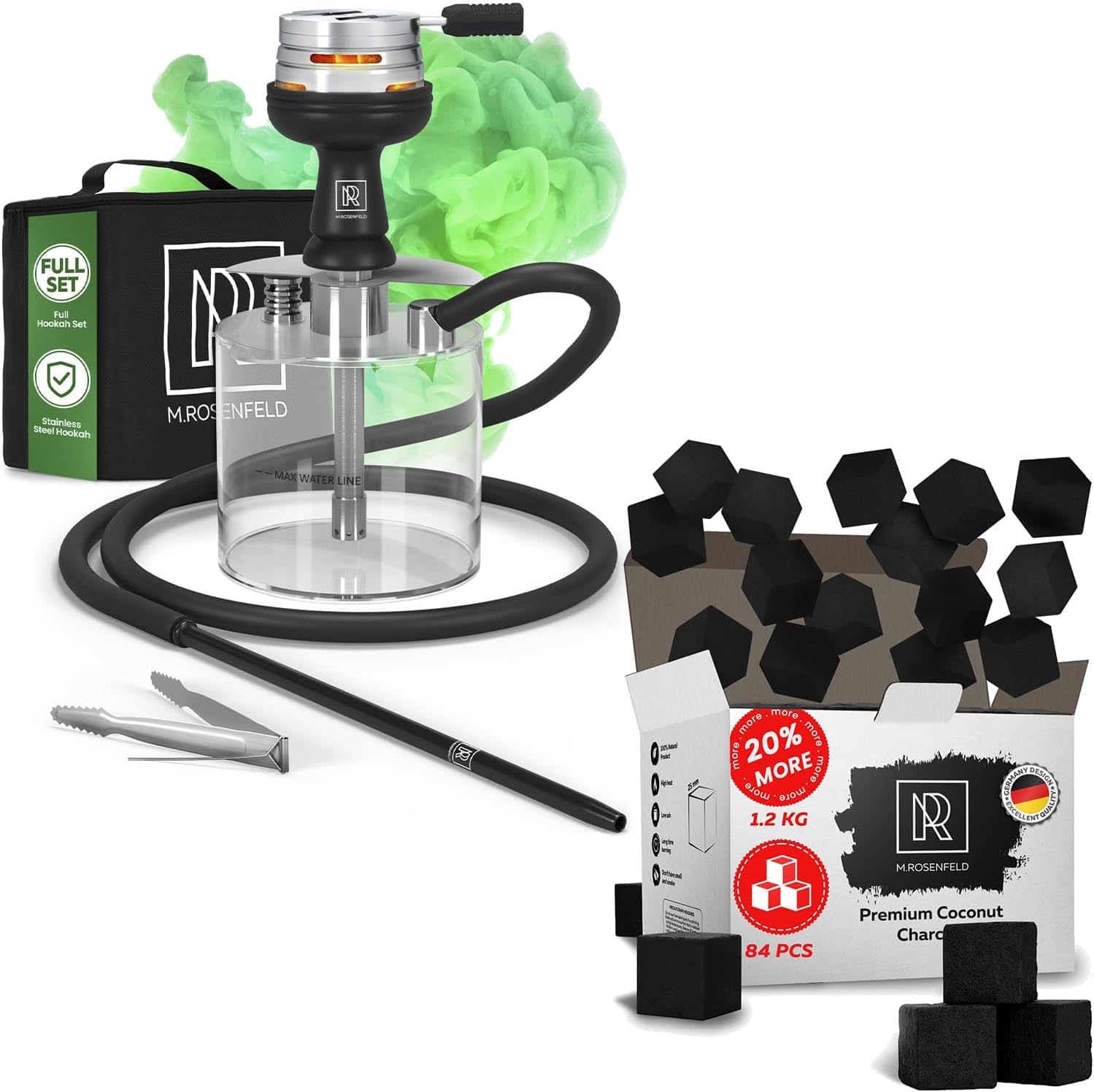 Portable Hookah Set with Everything - YADO Acrylic Hookah To Go - 84 pcs Hookah Charcoal Hookah Coals for Hookah Coconut 25mm Cubes