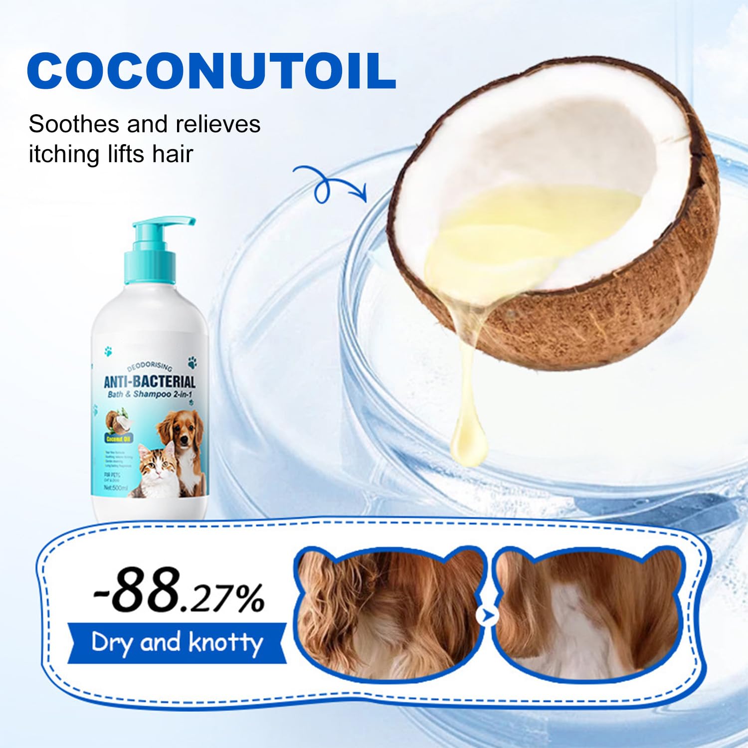 Szampon i odżywka 2 w 1, 500 ml, delikatny szampon do pielęgnacji sierści, oczyszcza i nawilża skórę, delikatna formuła dla szczeniaków, z olejkiem kokosowym, szampon do kąpieli zwierząt domowych dwa