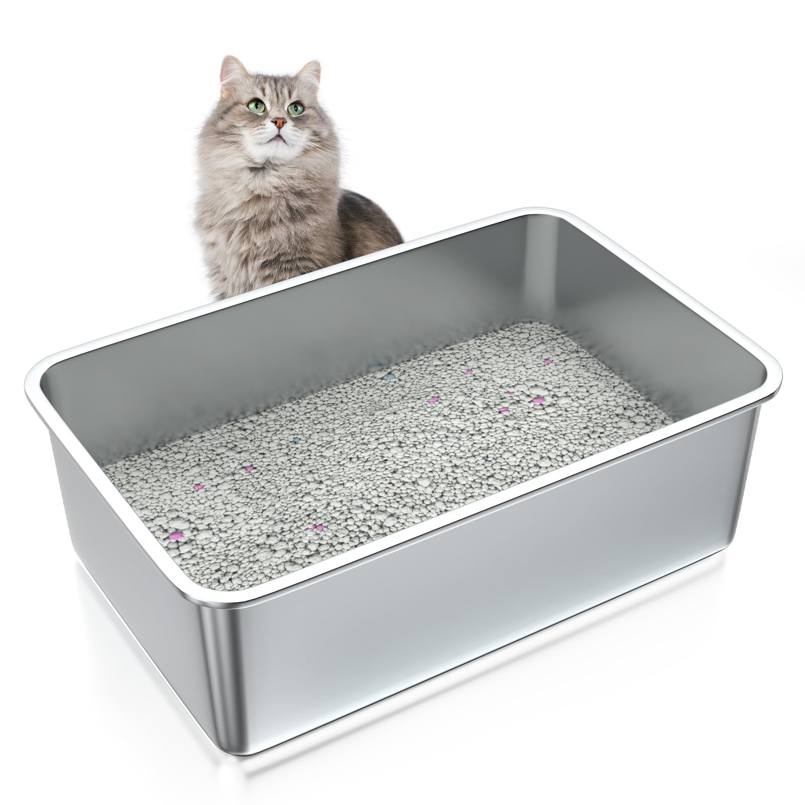 ZuHucpts Stainless Steel Cat Litter Box, Medium Metal Litter Pan for Cats (20" Lx14 Wx6 H)