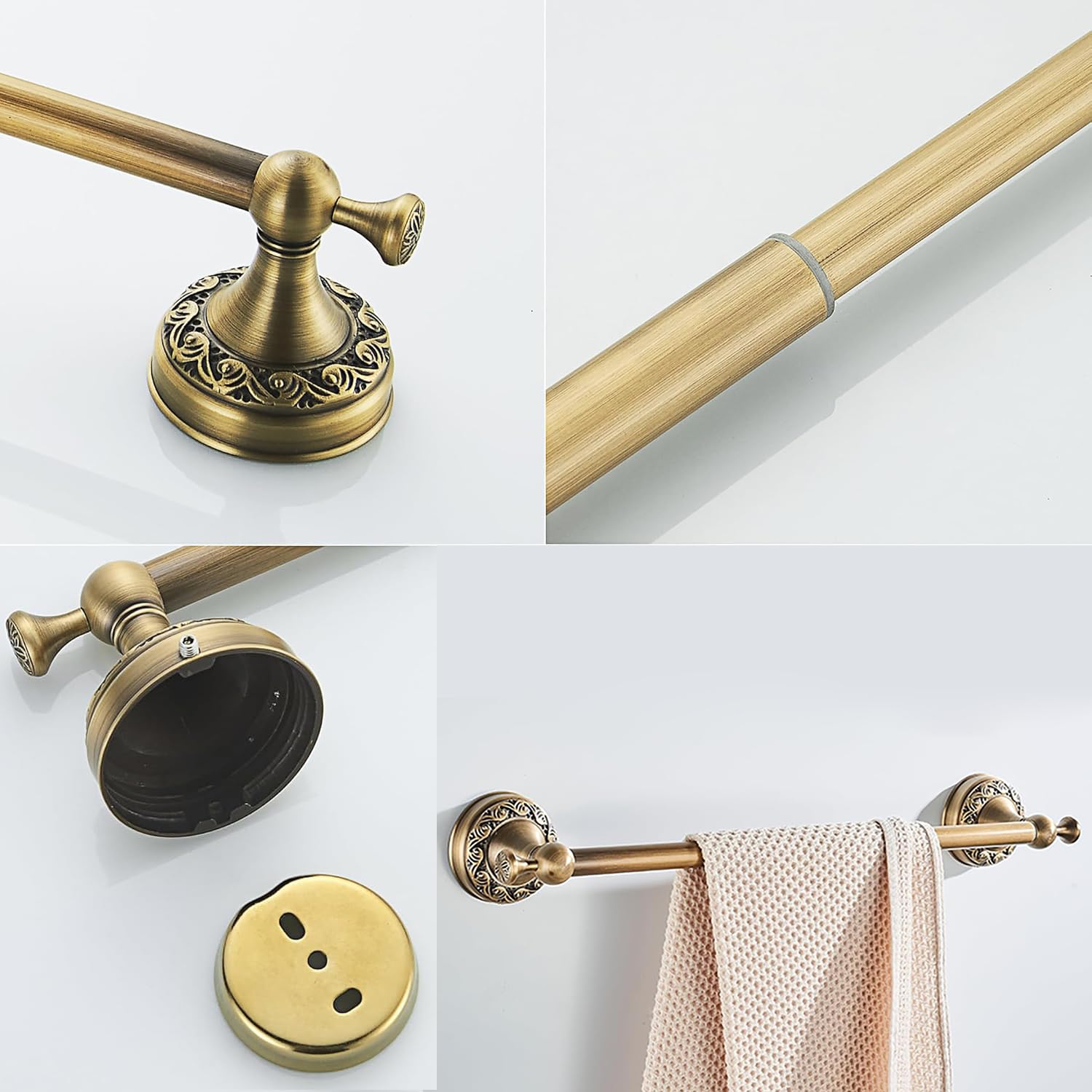 Juego de 4 toalleros de latón antiguo, toallero ajustable para baño que incluye soporte expandible, papel higiénico, anillo de toalla, gancho para toalla, gancho para bata, accesorios de estilo