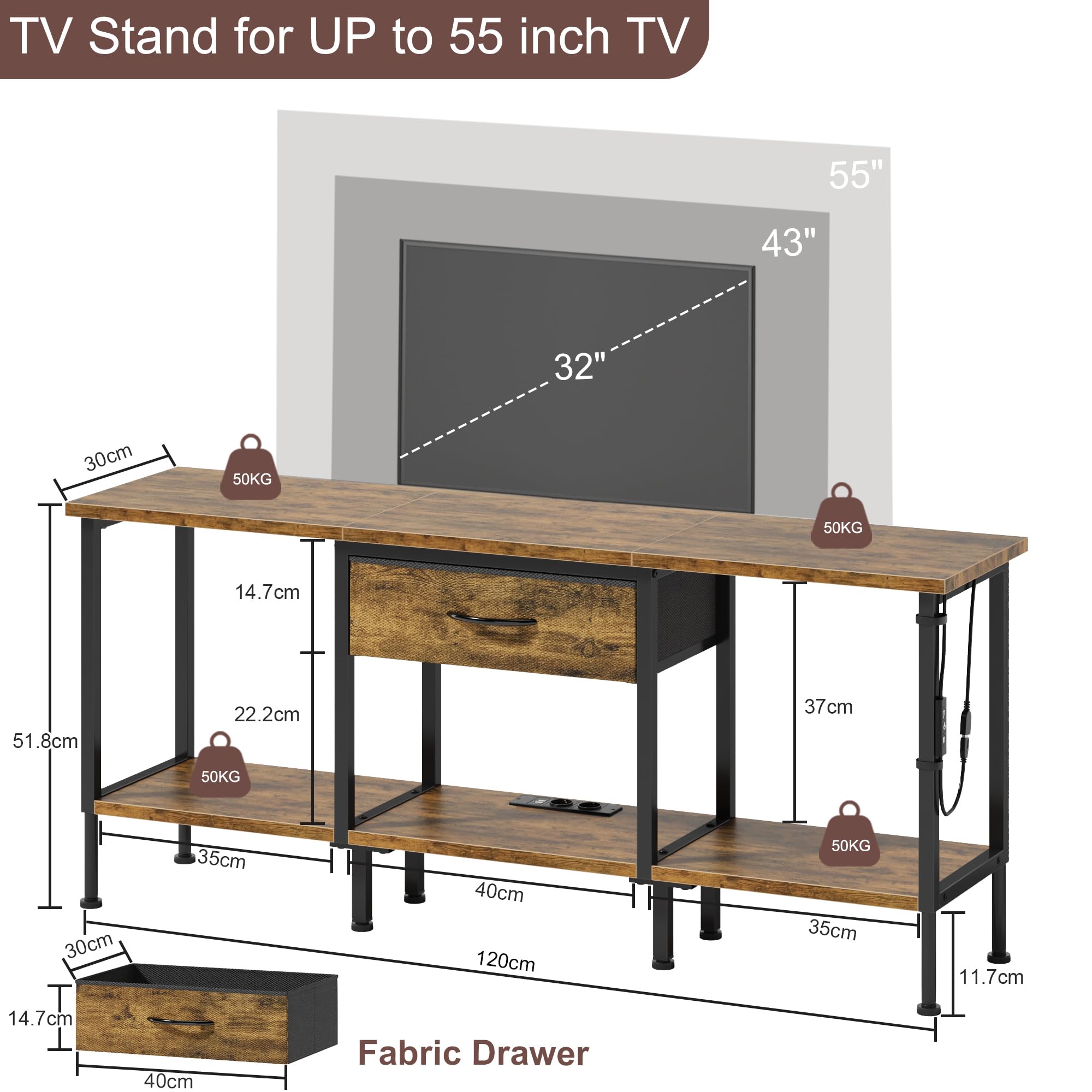 Fernsehtisch mit Steckdose TV Cabinet mit LED-Beleuchtung TV Bank Fernsehschrank TV Ständer TV Schrank Board Table für Fernseher bis zu 55 Zoll für Wohnzimmer Schlafzimmer Vintagebraun 120 cm