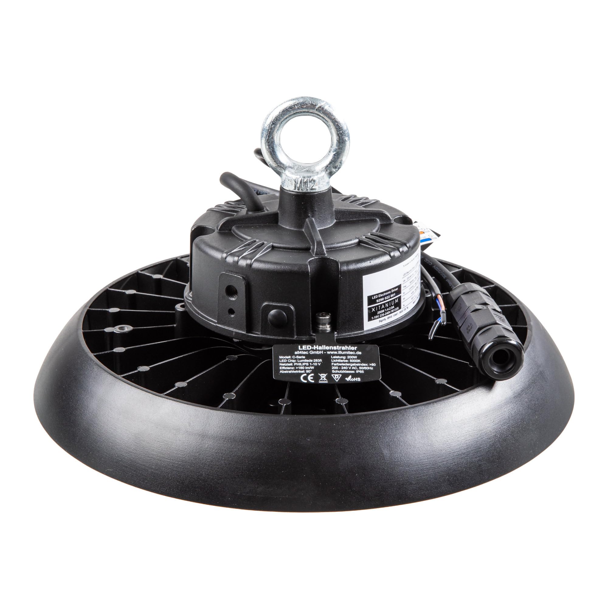 LED Hallenstrahler 200W UFO High Bay, 185 lm/W, 5000K, dimmbar | Tageslichtweiß, Abstrahlwinkel 90°, mit PHILIPS Netzteil dimmbar 1-10V, für Industrie Lager & Werkstatt, 5 Jahre Garantie