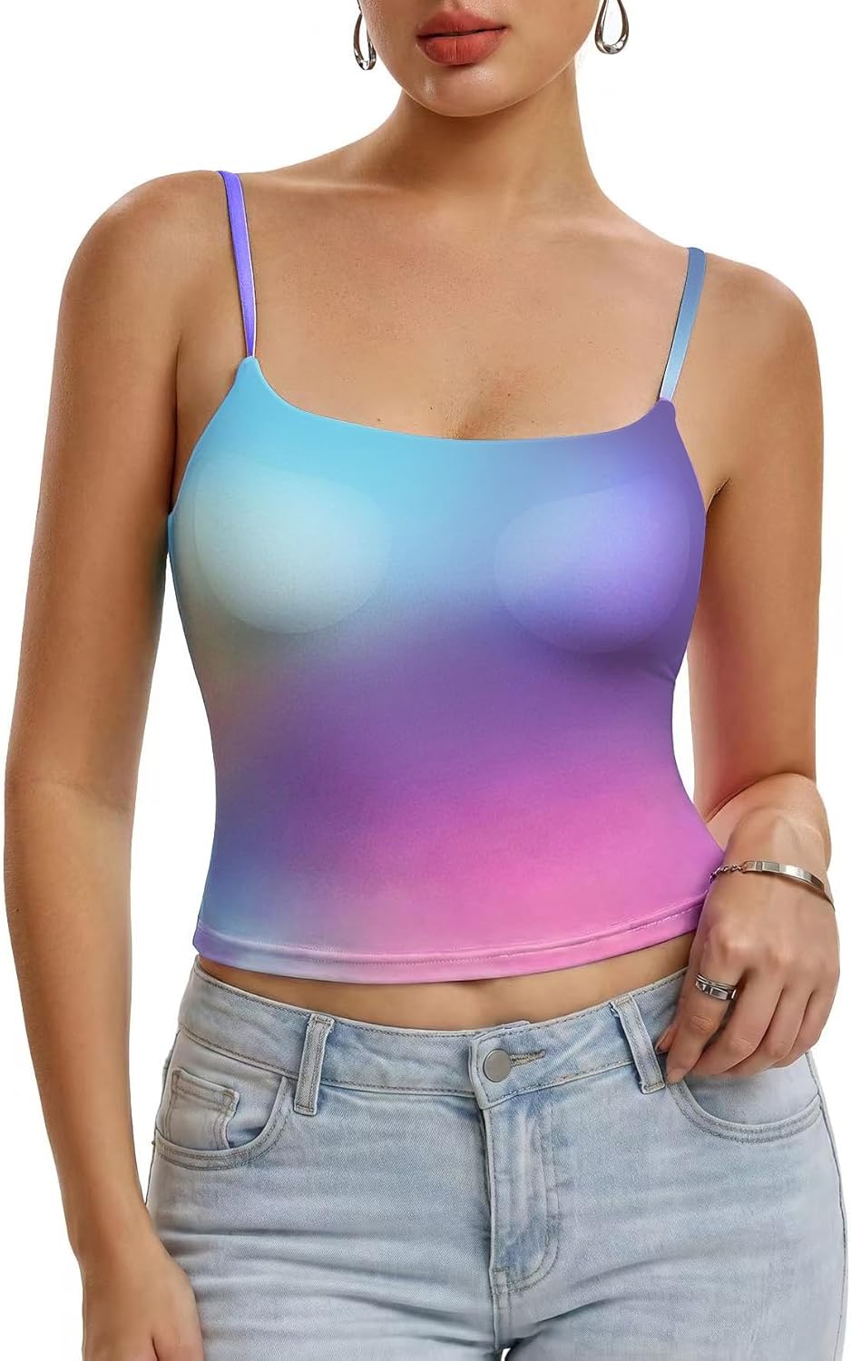Women's Basic Double Lined Scoop Neck Tank Tops Adjustable Cami Tank Summer Sleeveless Tops Gradient Rainbow