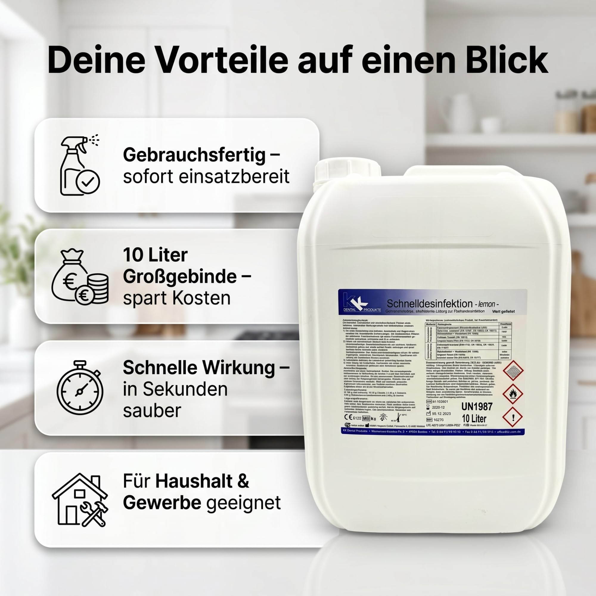 KK Schnelldesinfektion Duft Lemon – Hochwirksames Desinfektionsmittel 10 Liter für Flächen & Oberflächen – Wirksam gegen Bakterien, Viren & Pilze – Ideal für Haushalt, Praxis & Gewerbe