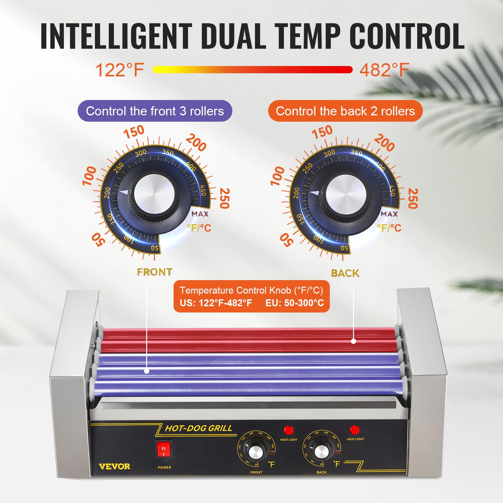VEVOR Rouleau hot-dog, 5 Rouley, Grigliati a Macchina con Salsicce e Insolubili con Doppio Controllo della Temperatura, 12 hot-dog1000 W Macchina hot-dog con Couvercle, Autista Versa Petits Dolori