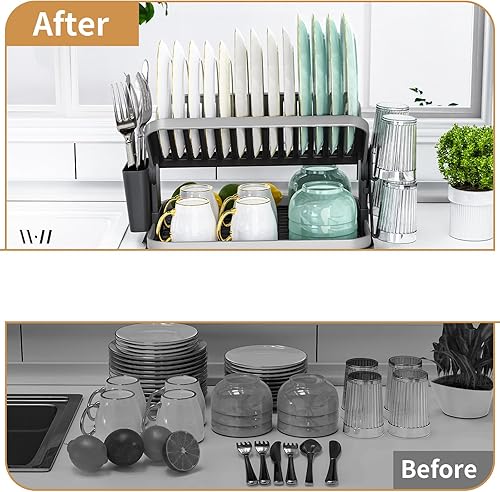 Miniatura 6 de Temste Escurridor de platos plegable de 2 niveles, multifuncional, escurridor de platos con marco de aluminio para encimera de cocina, escurridor de