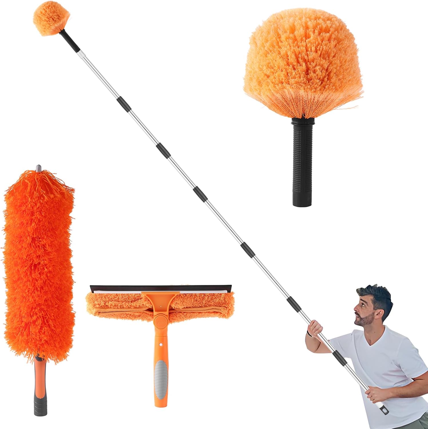 Cobweb Duster with Extension Pole,9 FT Long 3-in-1 Cleaning Tool Set with Window Squeegee, Ceiling Fan Duster, Cobweb Brush for High Ceilings, Windows & Outdoor Use Cobweb Duster with Extension Pole,9 FT Long 3-in-1 Cleaning Tool Set with Window Squeegee, Ceiling Fan Duster, Cobweb Brush for High Ceilings, Windows & Outdoor Use